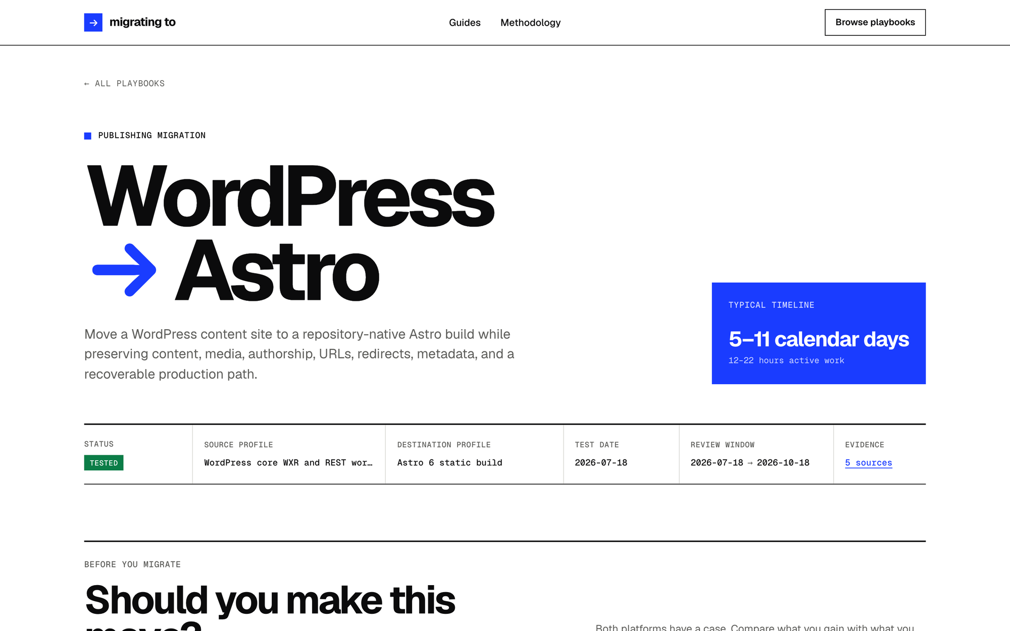 The top of the WordPress to Astro playbook, with its typical timeline, status, versions and review dates