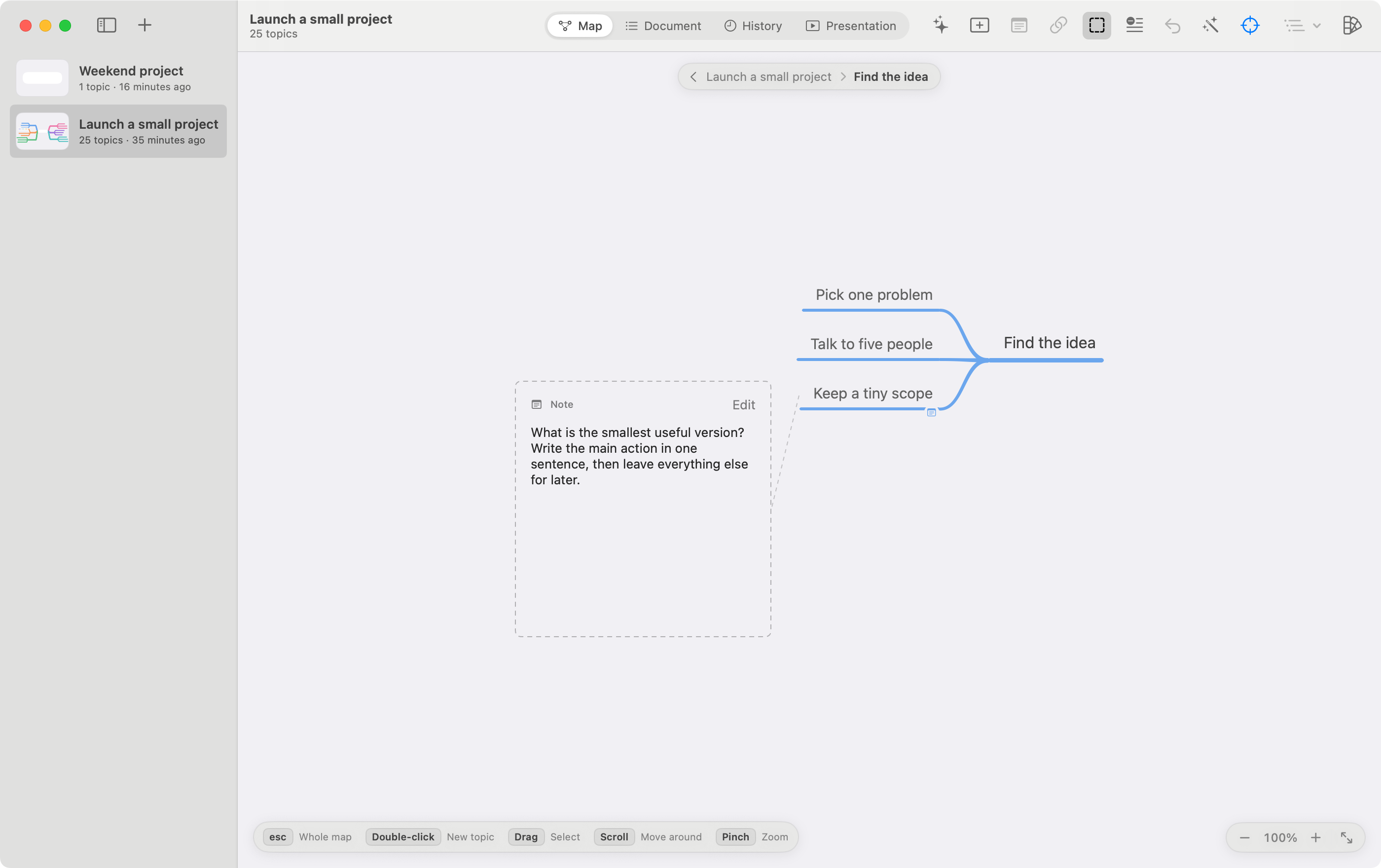 Notes attached to topics in the sample map