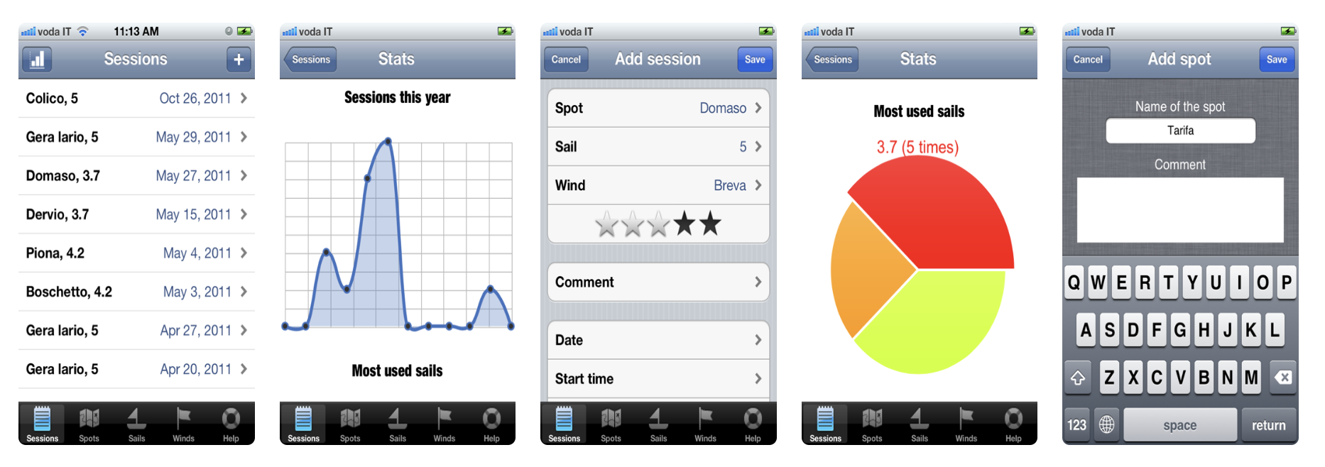Screens from my iPhone windsurfing session tracker, with sessions, statistics, spots, sails, and winds