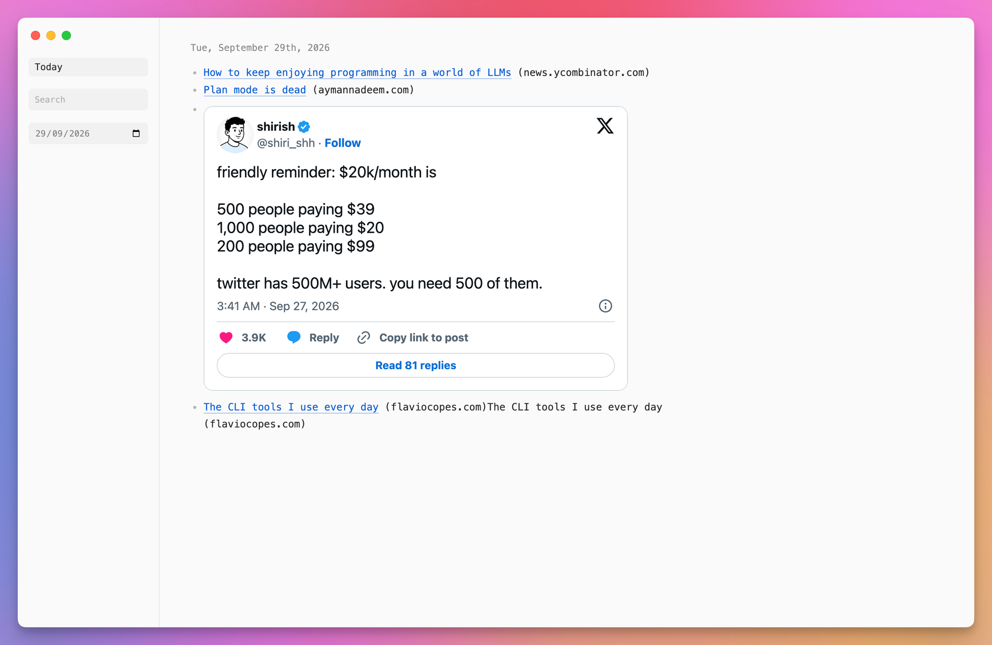NoteRepo showing today's note with titled links and an X post preview