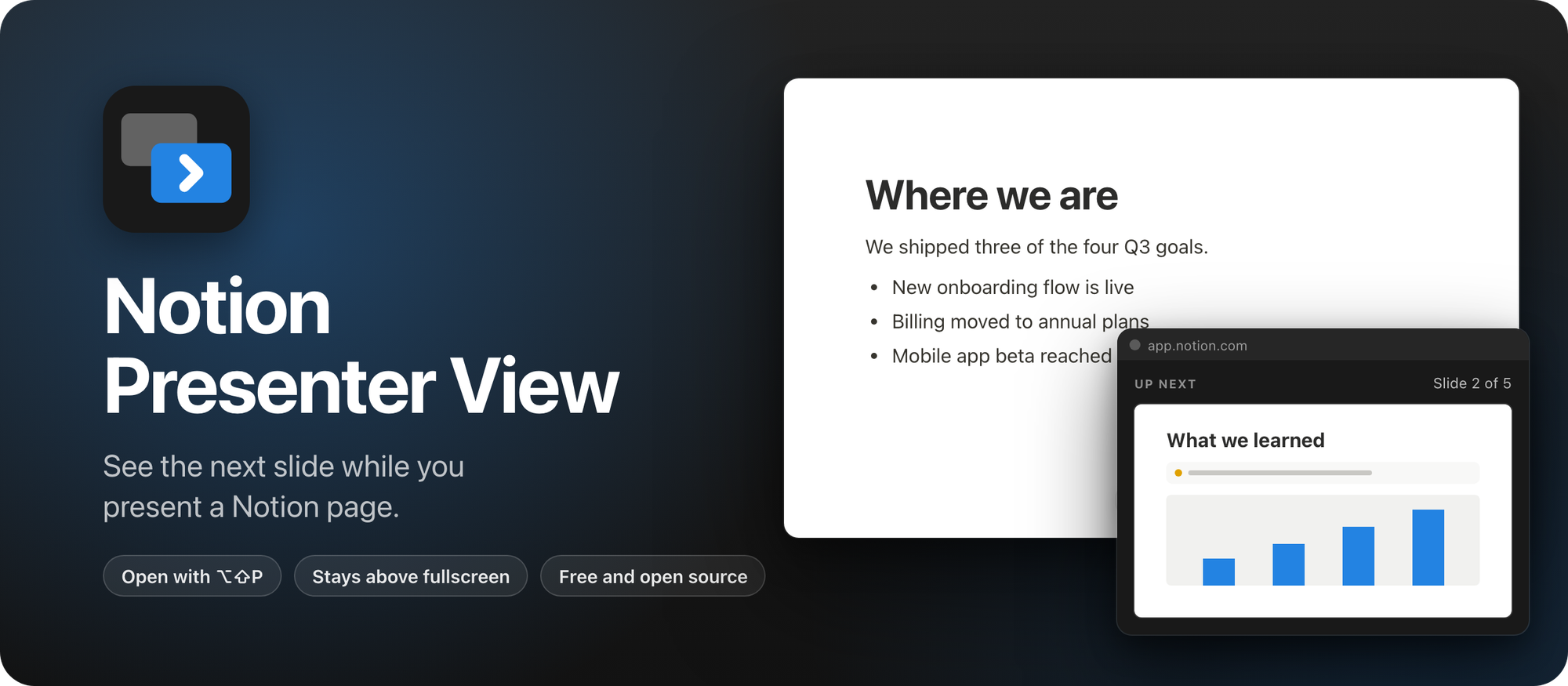 Notion Presenter View, a Chrome extension that shows the next slide of a Notion presentation