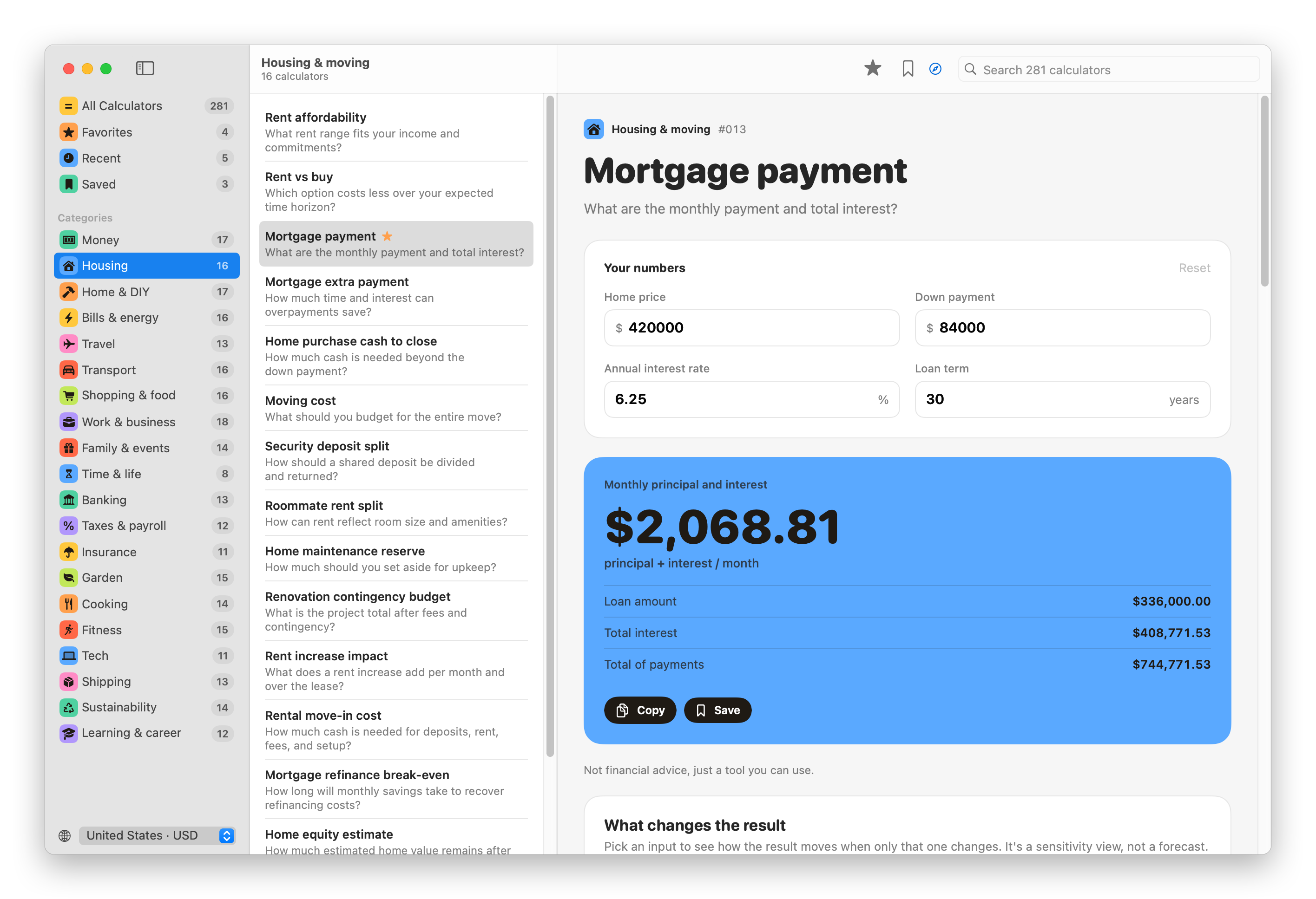The Number Pantry window with the mortgage payment calculator open