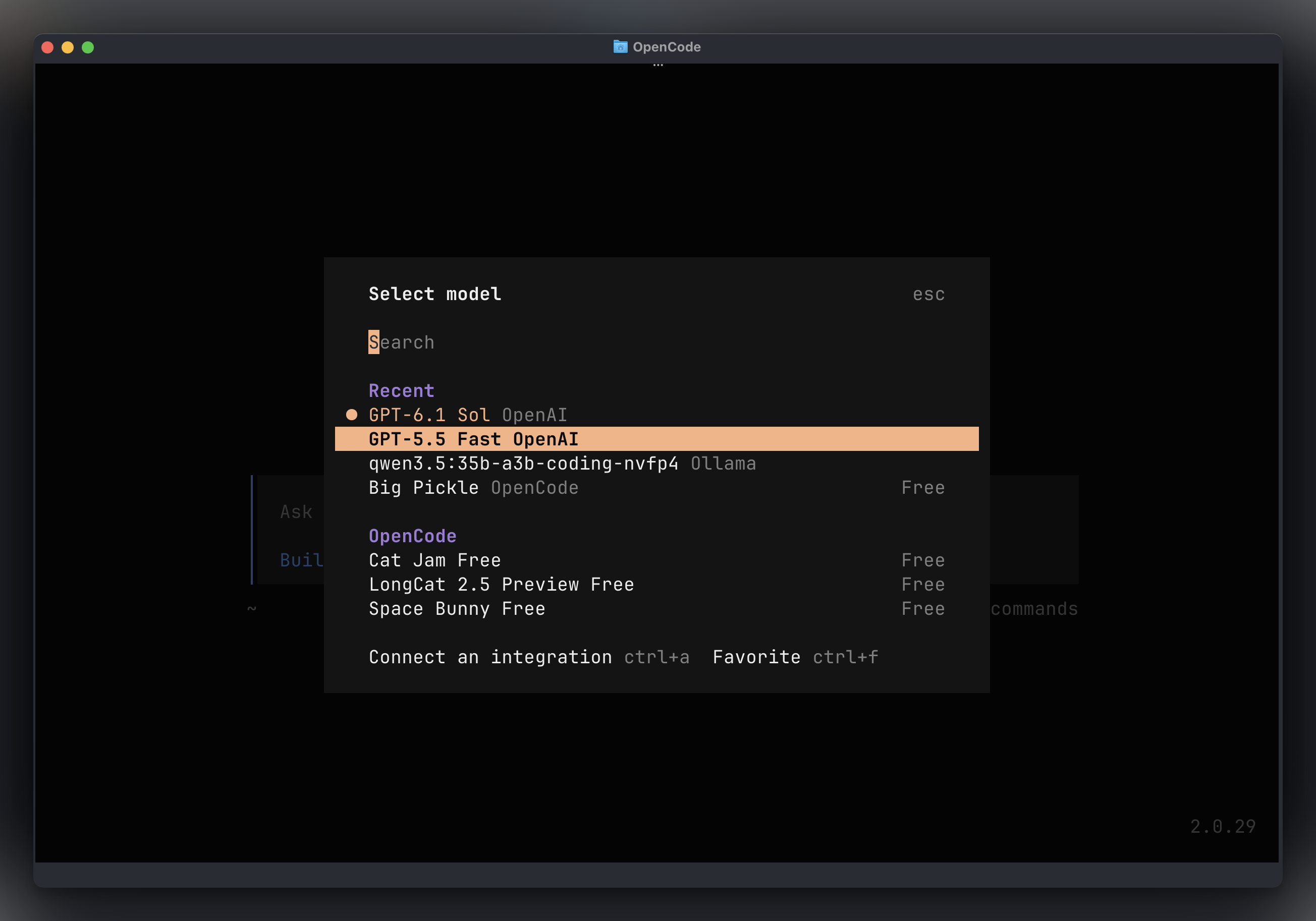 OpenCode model picker showing recent models and available providers