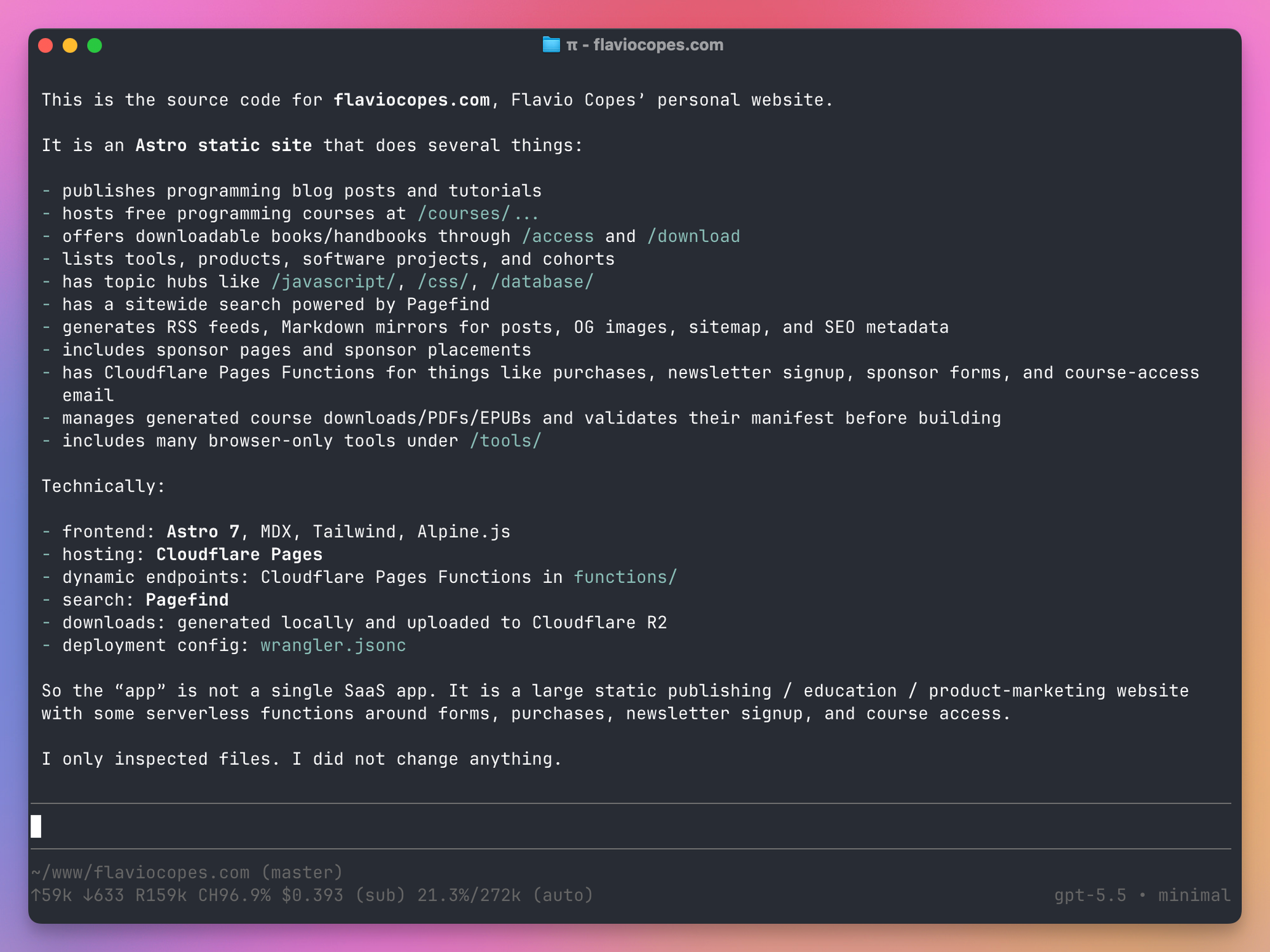 Pi explaining the flaviocopes.com repository, with the footer showing tokens, cost, context and model