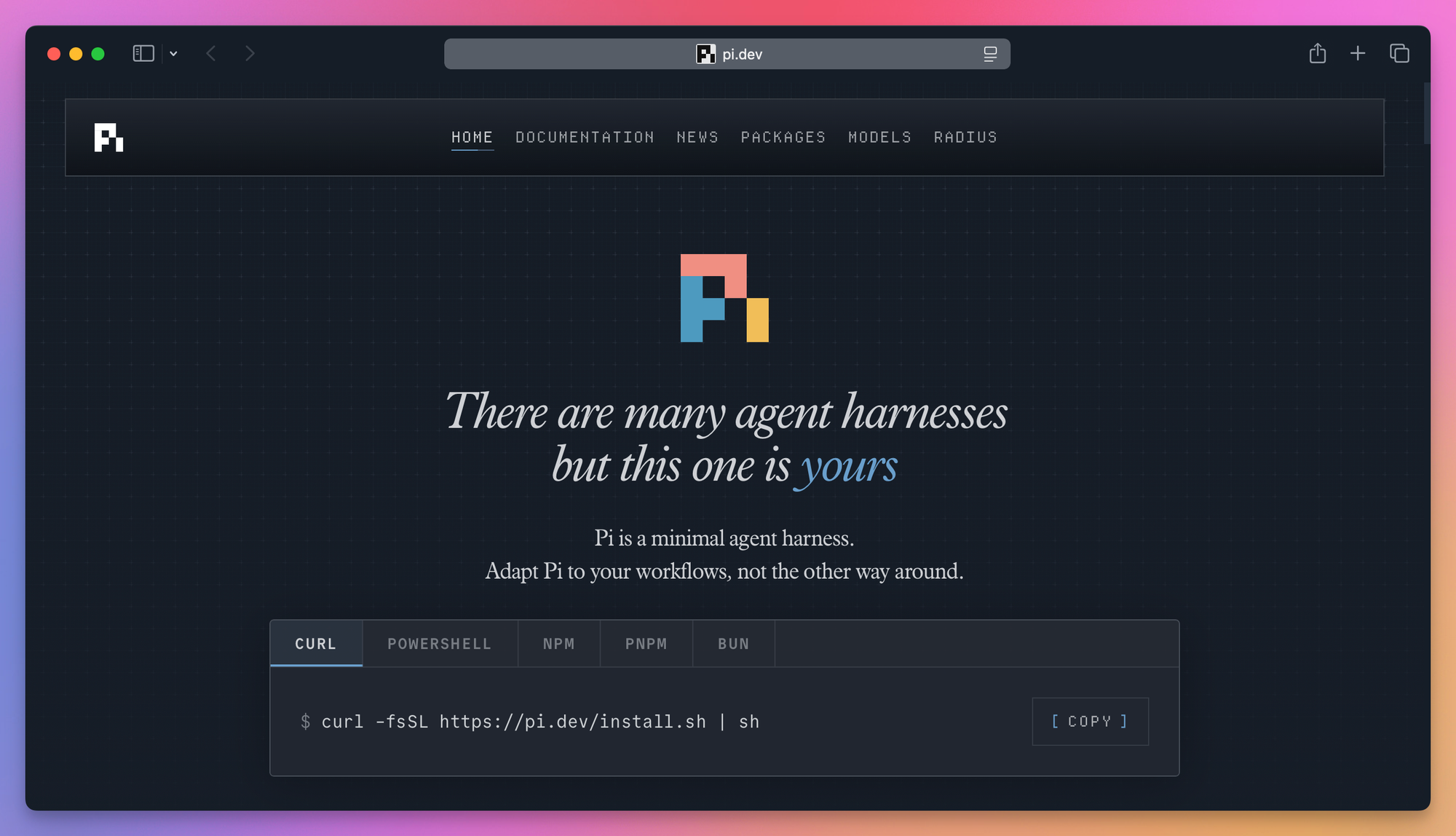 The pi.dev homepage, with the install command
