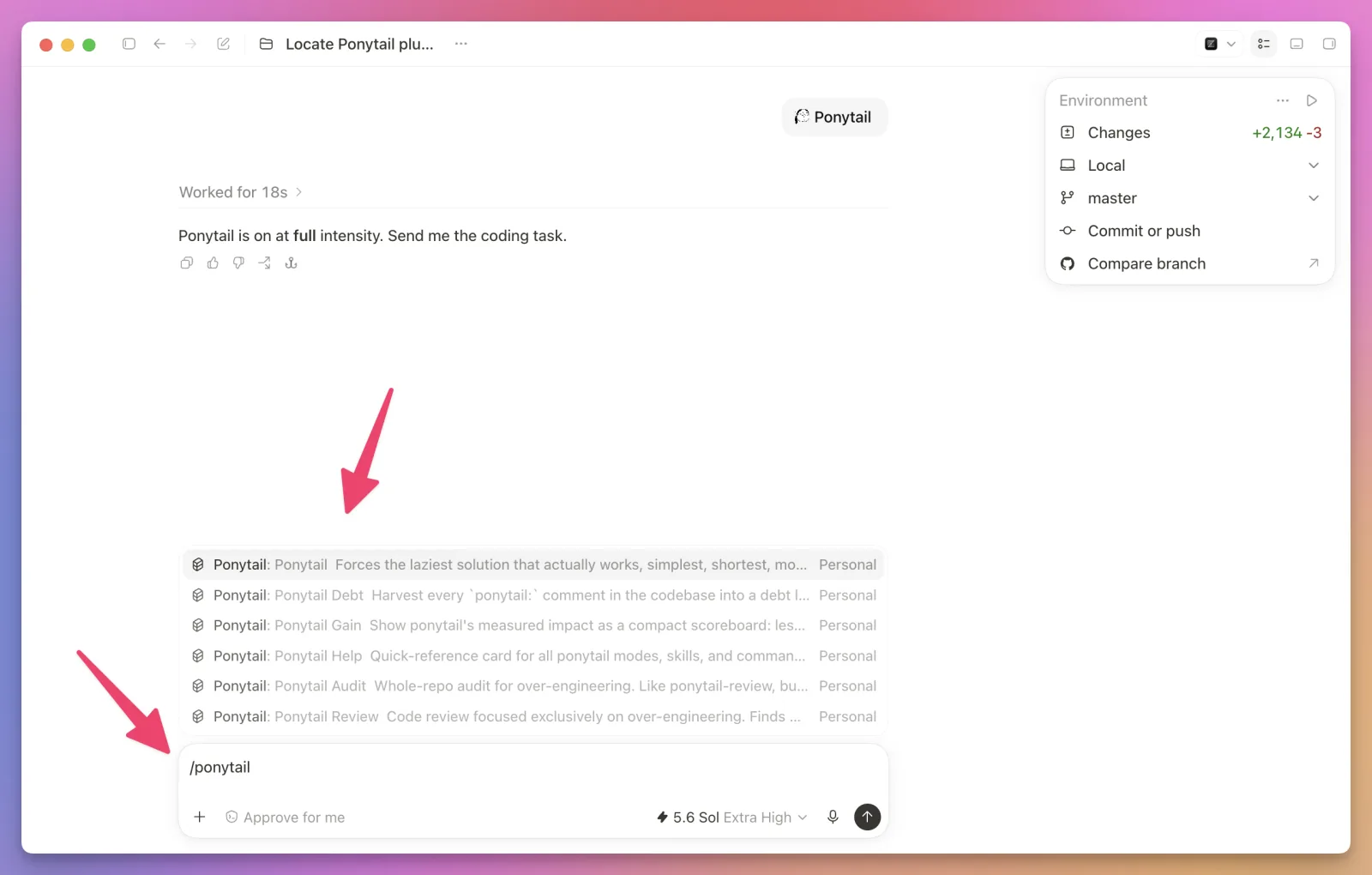 Activating the Ponytail skill from a Codex task in the ChatGPT app