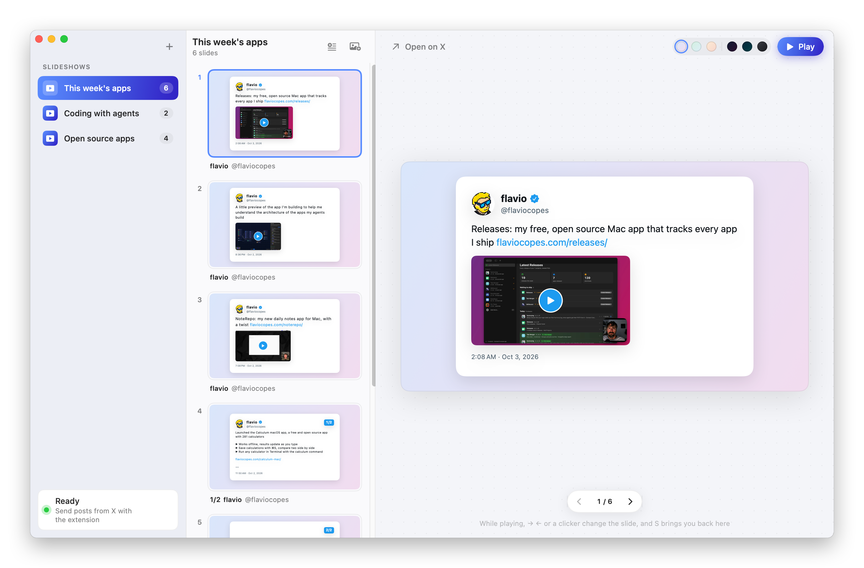 The Post Slide Deck window, with three slideshows in the sidebar, the slides of the selected one, and a large preview of the selected slide