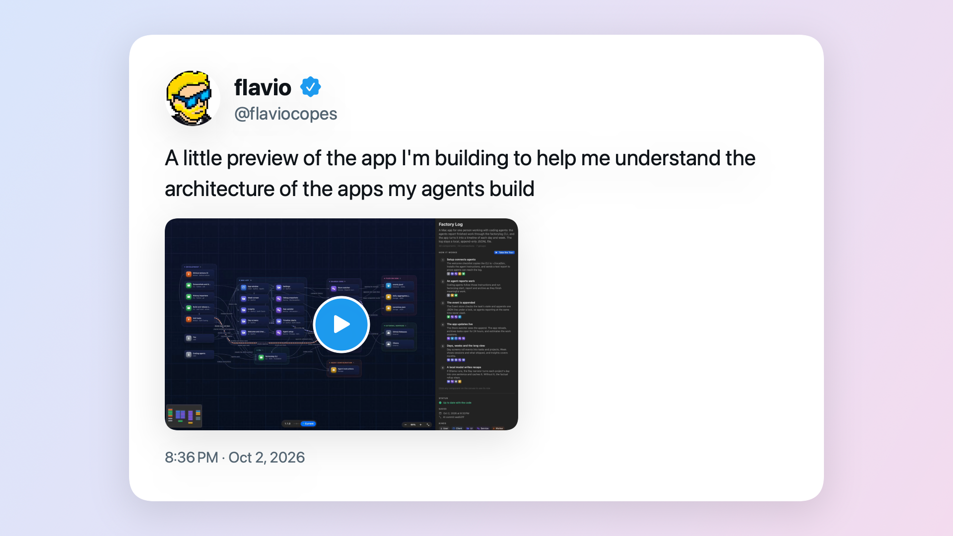 A slide with a post about the app I'm building to understand the architecture of the apps my agents build