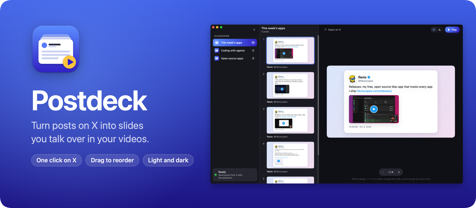 Postdeck, a Mac app and a Chrome extension that turn posts on X into slides