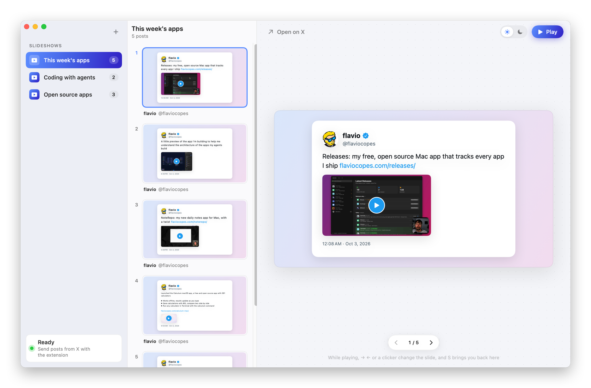 The Postdeck window, with three slideshows in the sidebar, the slides of the selected one, and a large preview of the selected slide