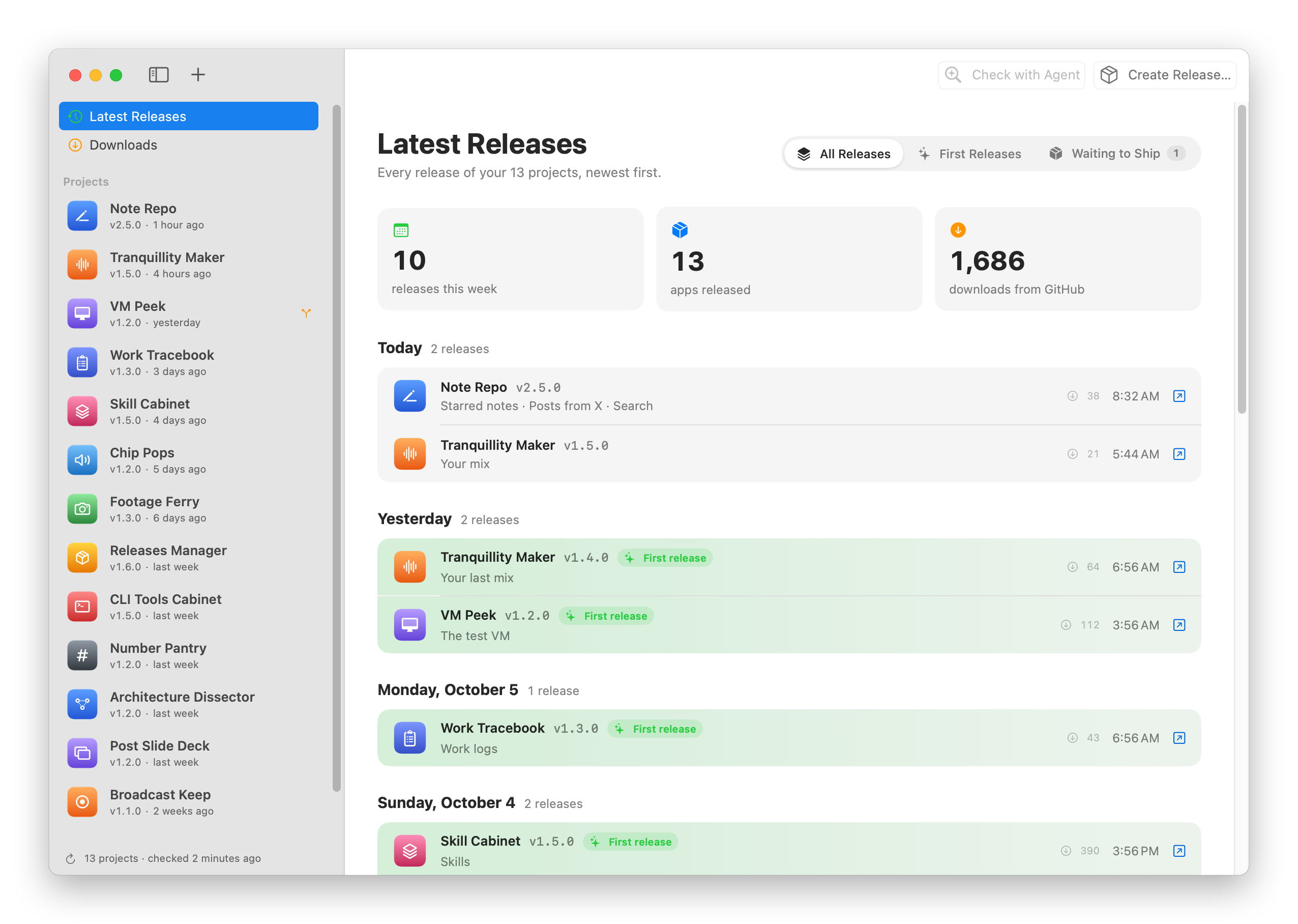 The Releases Manager window on Latest Releases, with my projects in the sidebar and two of them waiting to ship