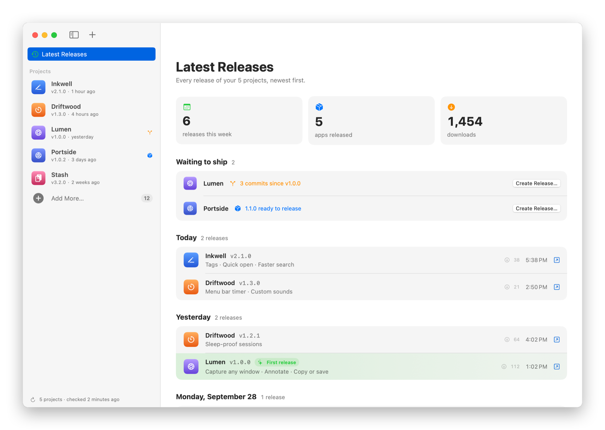 The Releases window on Latest Releases, with my projects in the sidebar and two of them waiting to ship