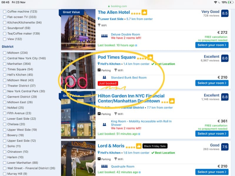 Booking.com hotel search results showing recent bookings and limited availability messages