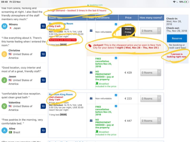Booking.com room listing with urgency messages like only 2 left and 1 person looking right now