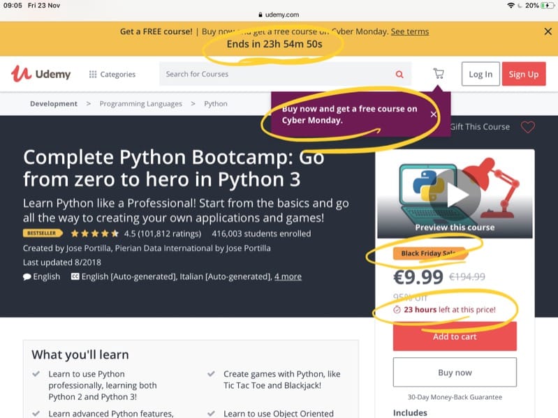 Udemy course page showing 95% discount from 194.99 to 9.99 with 23 hours left at this price countdown
