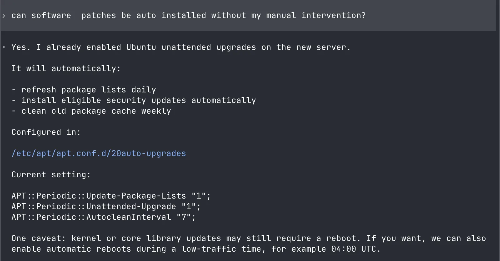 Codex explaining the unattended-upgrades configuration it enabled