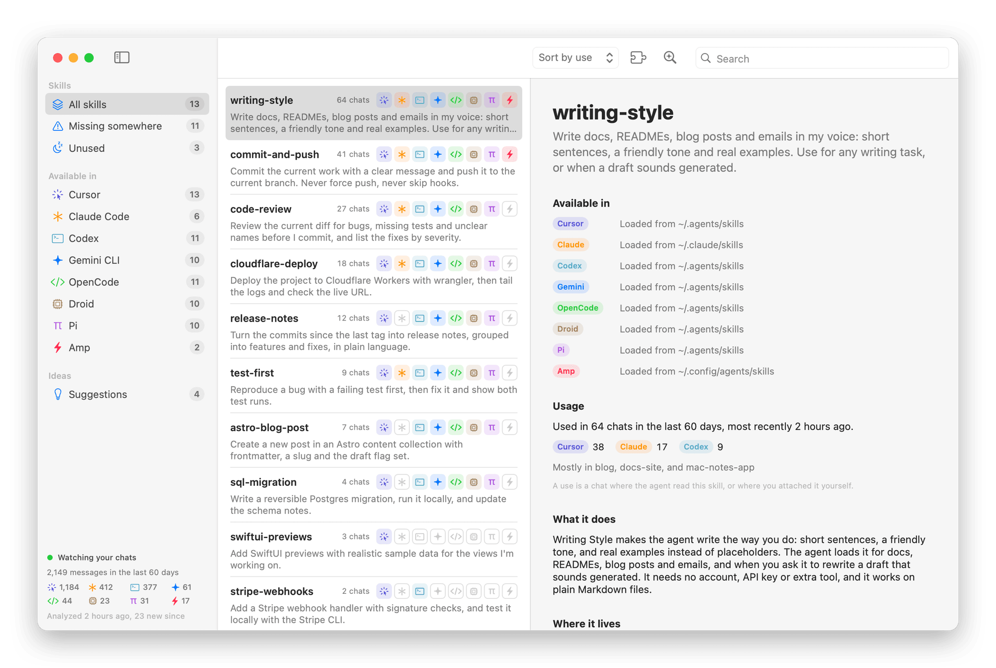 The Skillscout window with the writing-style skill selected, showing the agents that load it and how often it was used