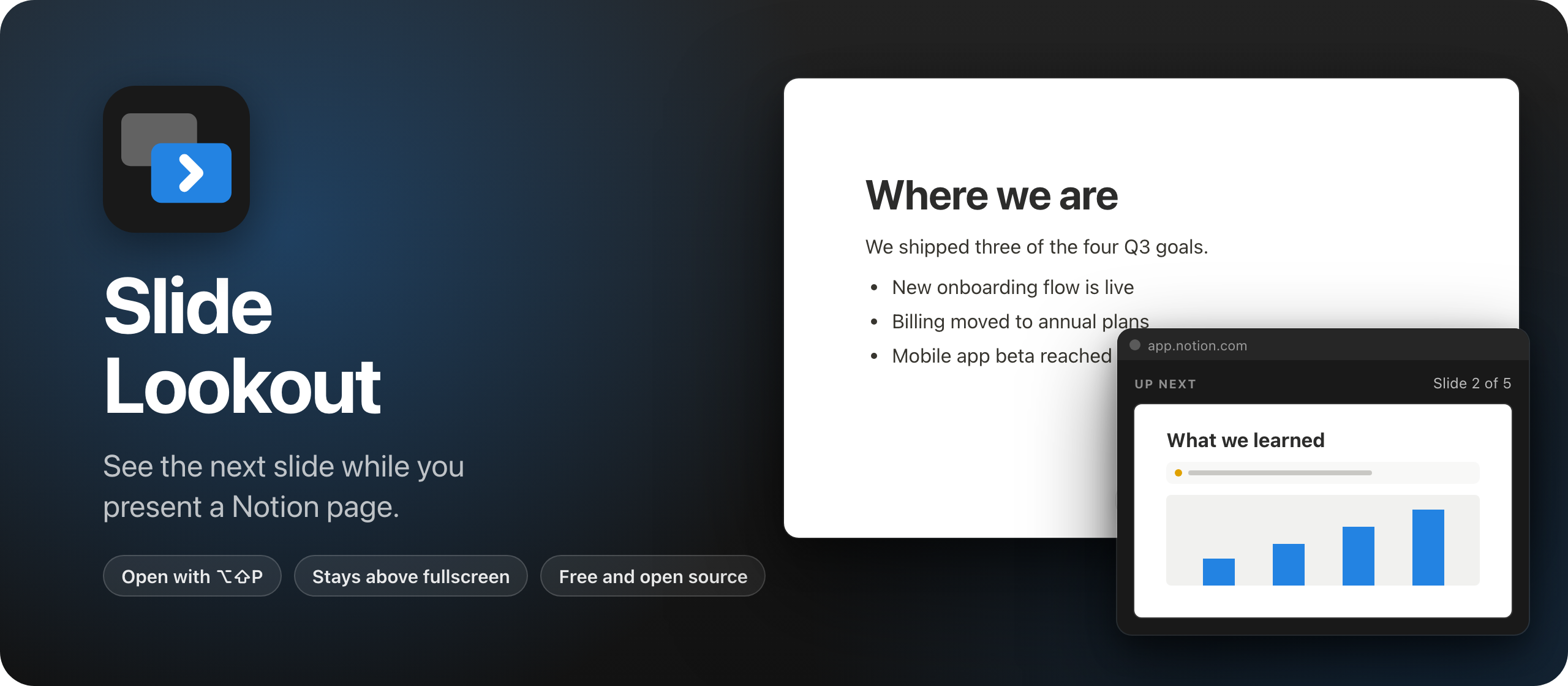 Slide Lookout, a Chrome extension that shows the next slide of a Notion presentation