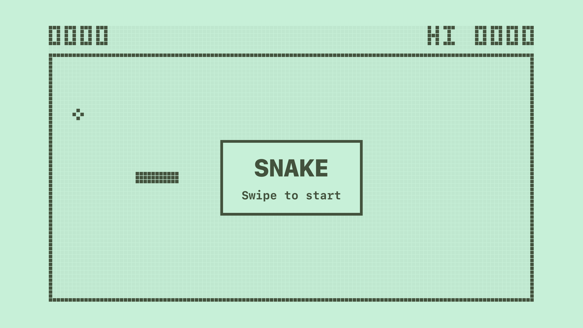 Snake on the Apple TV, with the snake, the food and the start message on the LCD screen