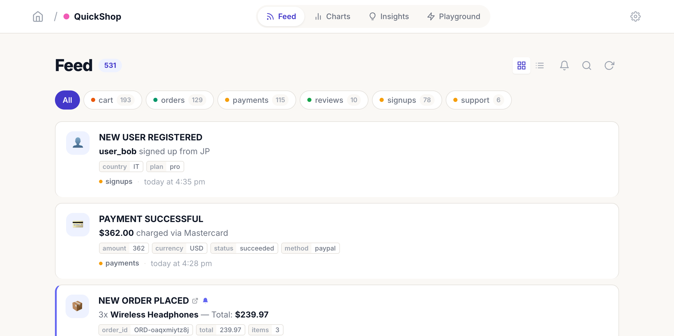 Events Logger feed showing QuickShop signups, payments, and orders with category filters