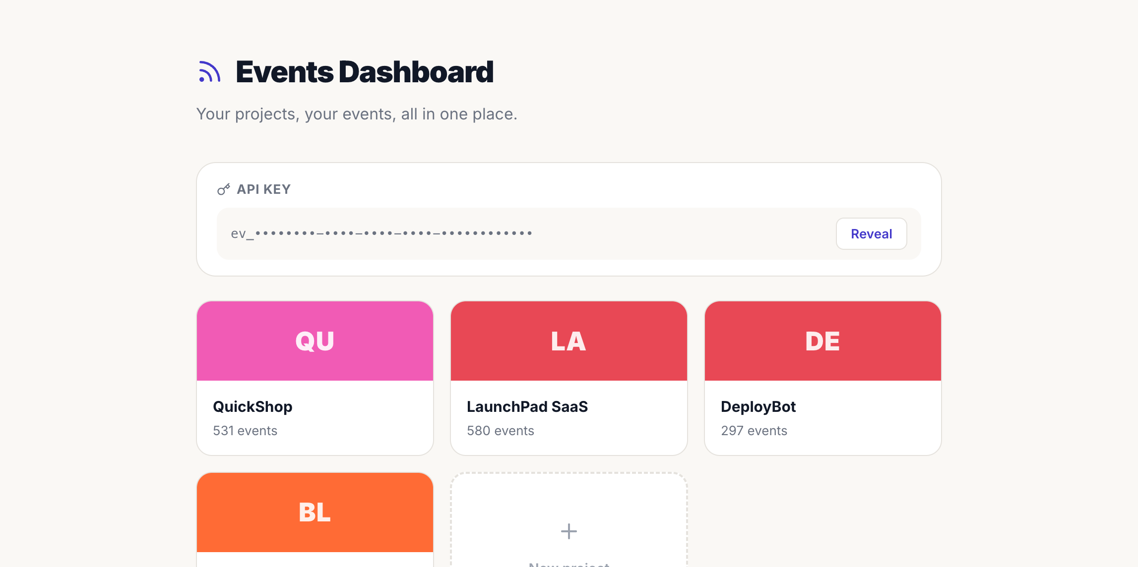 Events Logger home page listing QuickShop, LaunchPad SaaS, DeployBot, and BlogWave projects