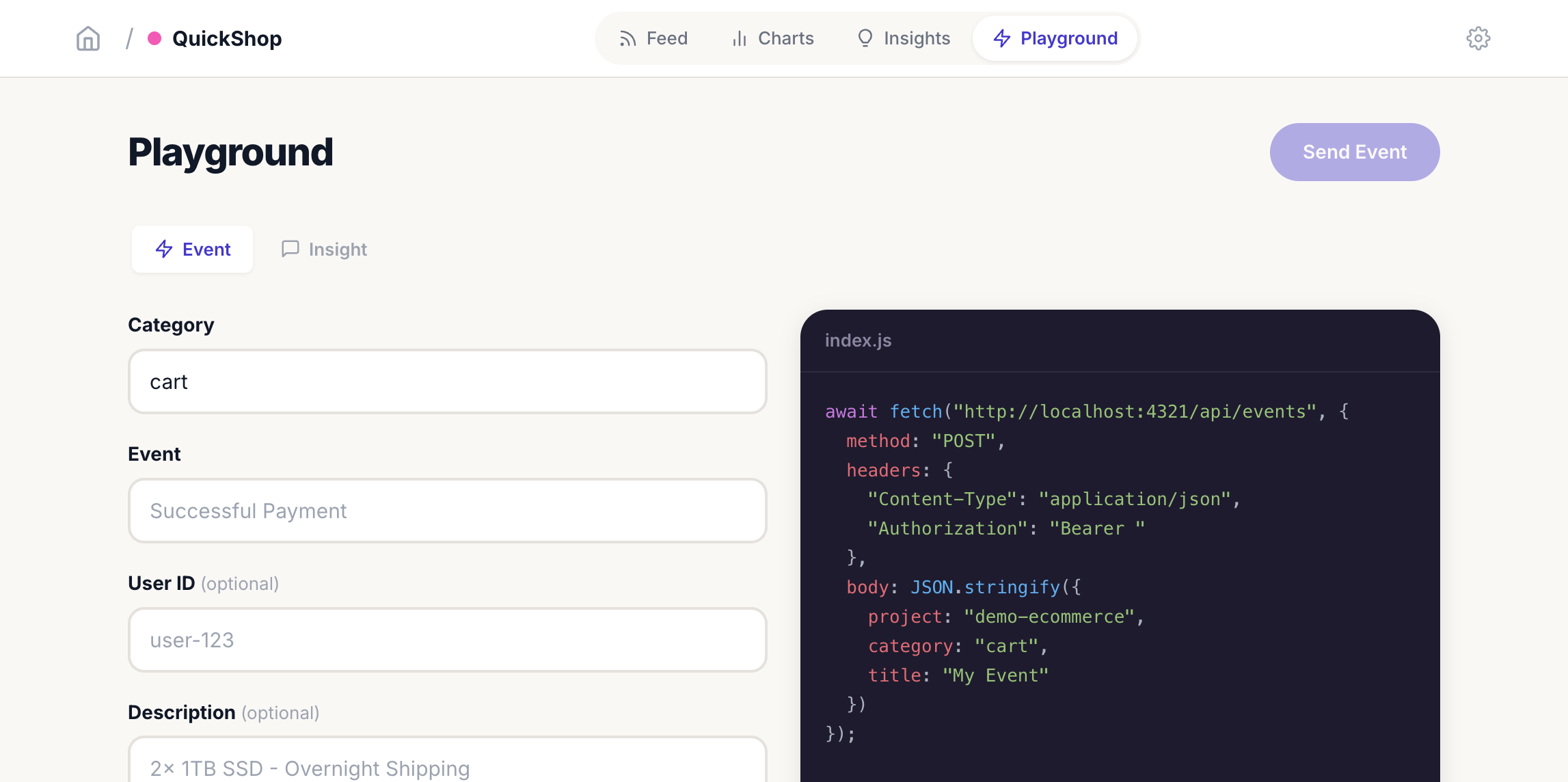 Events Logger playground for testing event publishing and copying API snippets
