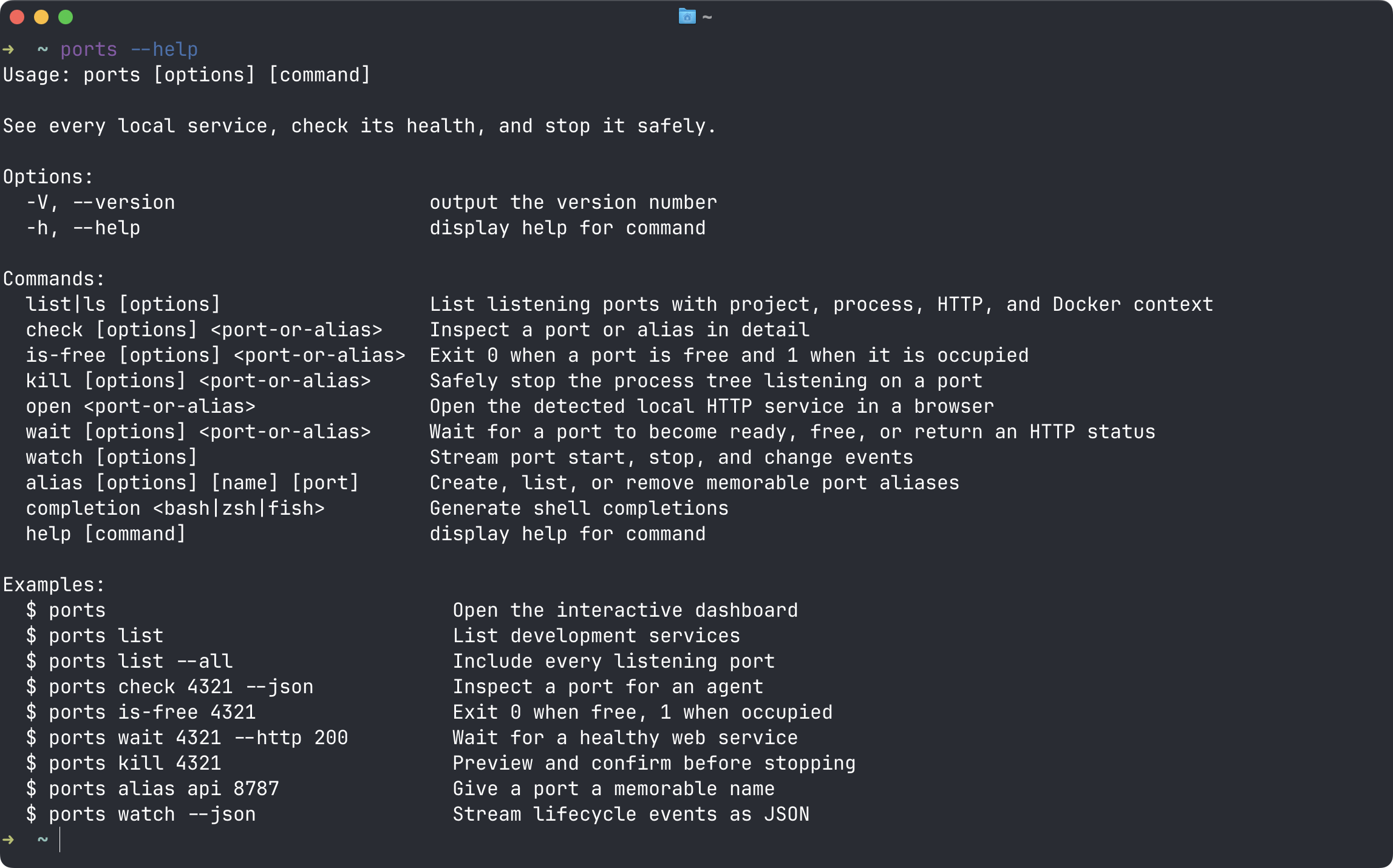 Port Pilot command-line help showing list, check, is-free, kill, open, wait, watch, alias, and completion commands