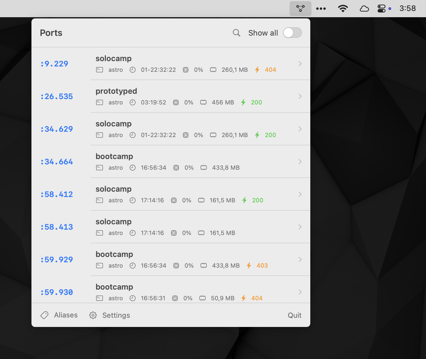 Port Pilot macOS menu bar companion showing development services, ports, runtimes, uptime, memory use, and HTTP health