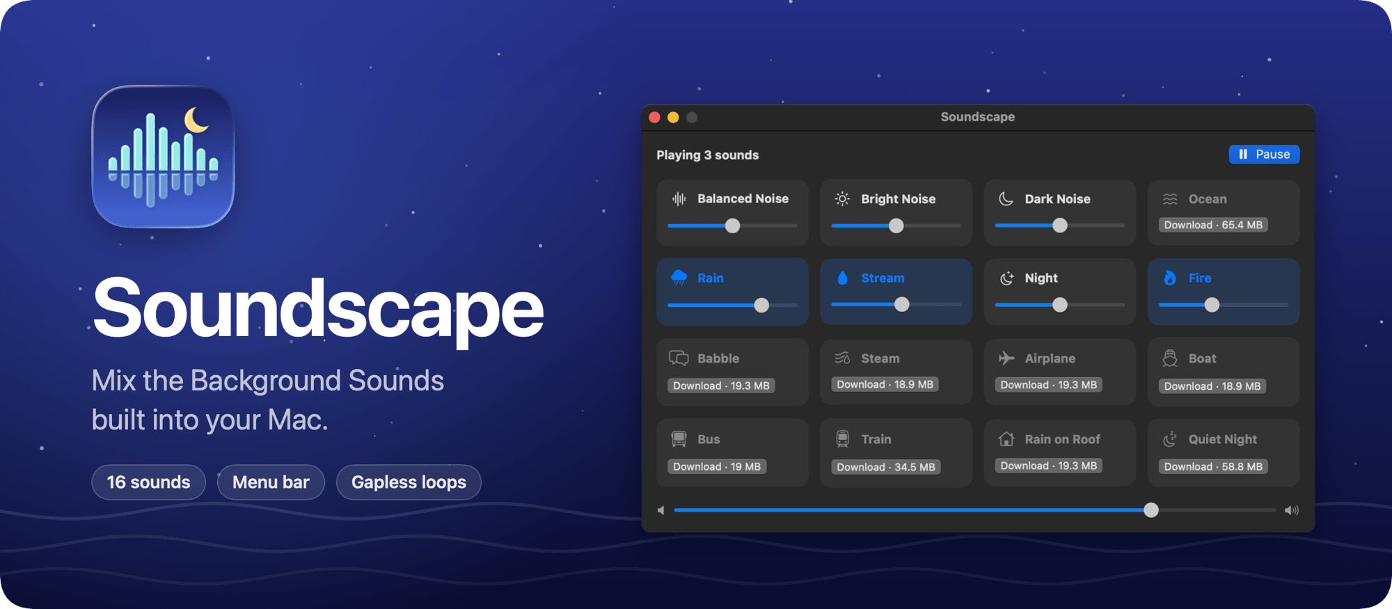 Soundscape, a mixer for the Background Sounds built into your Mac