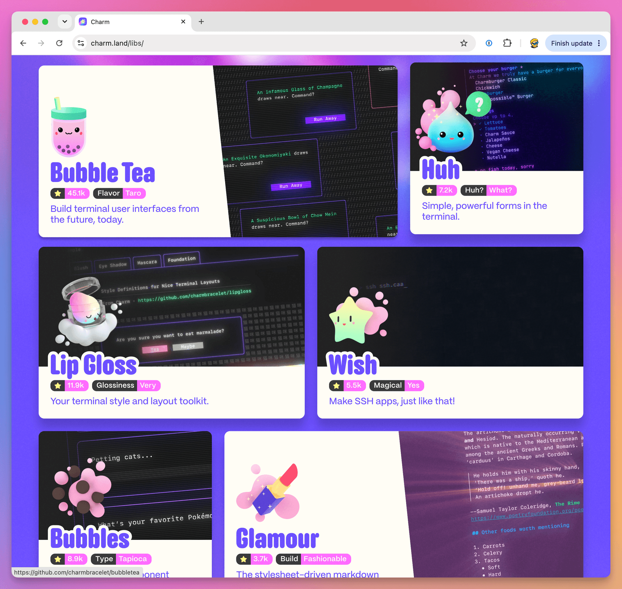 The Charm libraries page listing Bubble Tea, Huh, Lip Gloss, Wish, Bubbles and Glamour