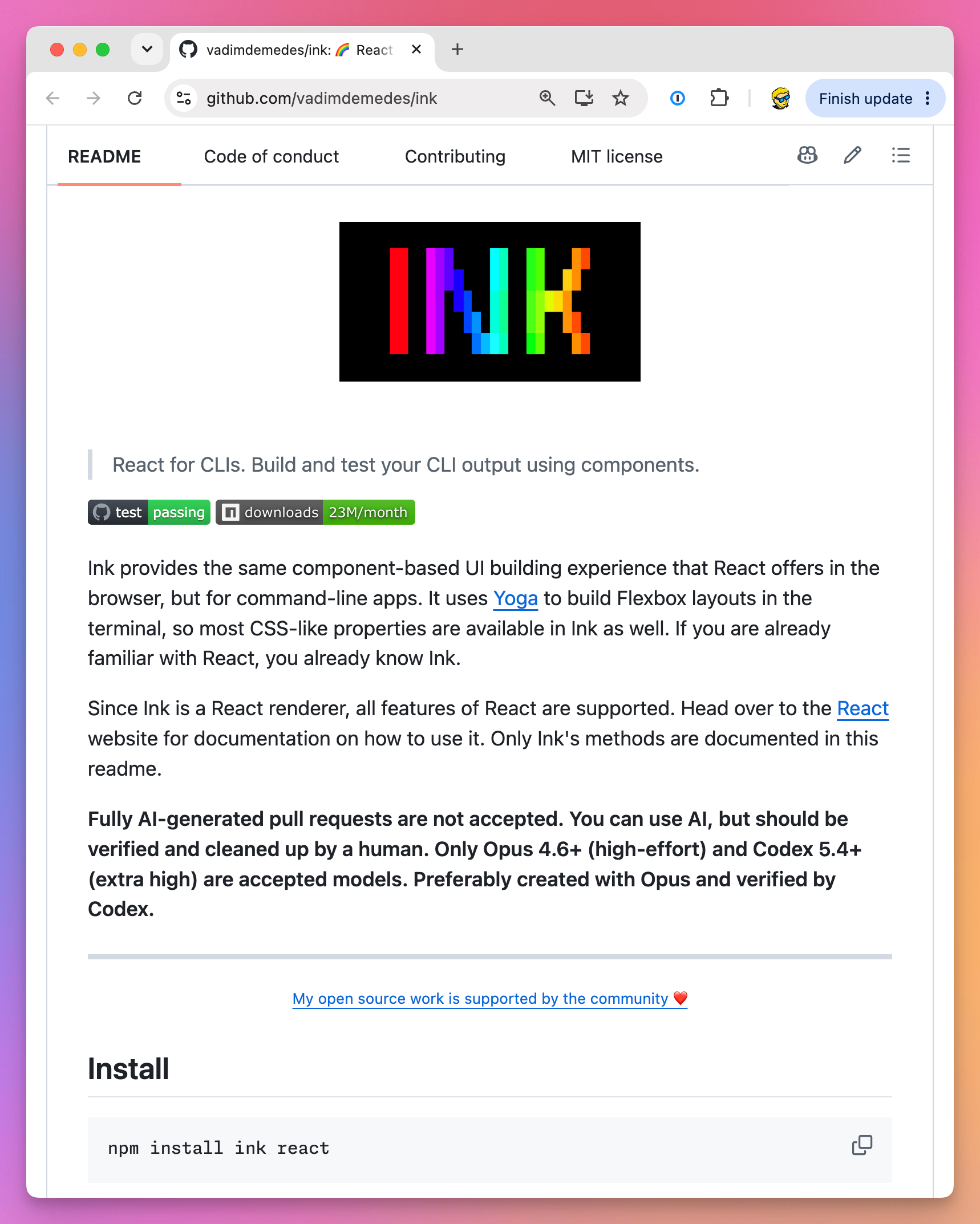 The Ink README on GitHub: React for CLIs