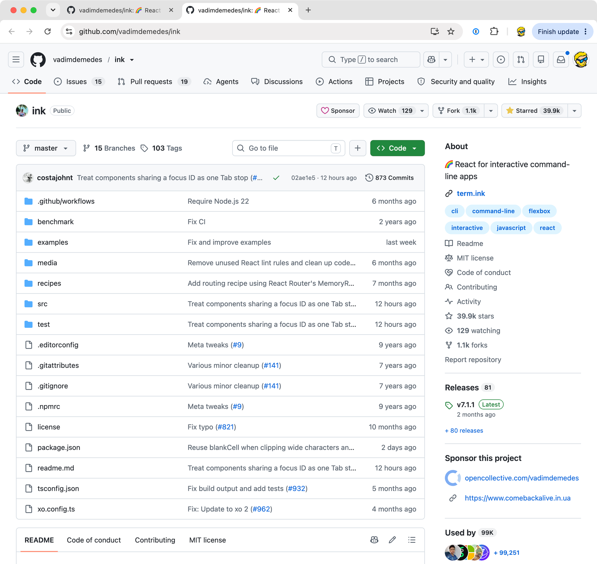 The Ink repository on GitHub, at version 7.1.1