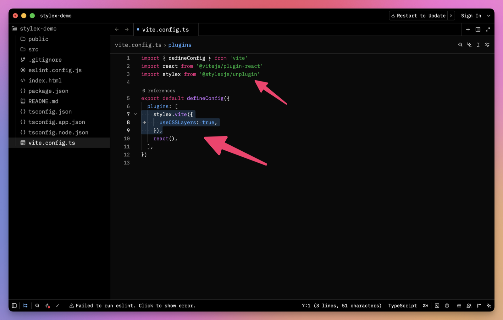 The StyleX Vite plugin configured before the React plugin