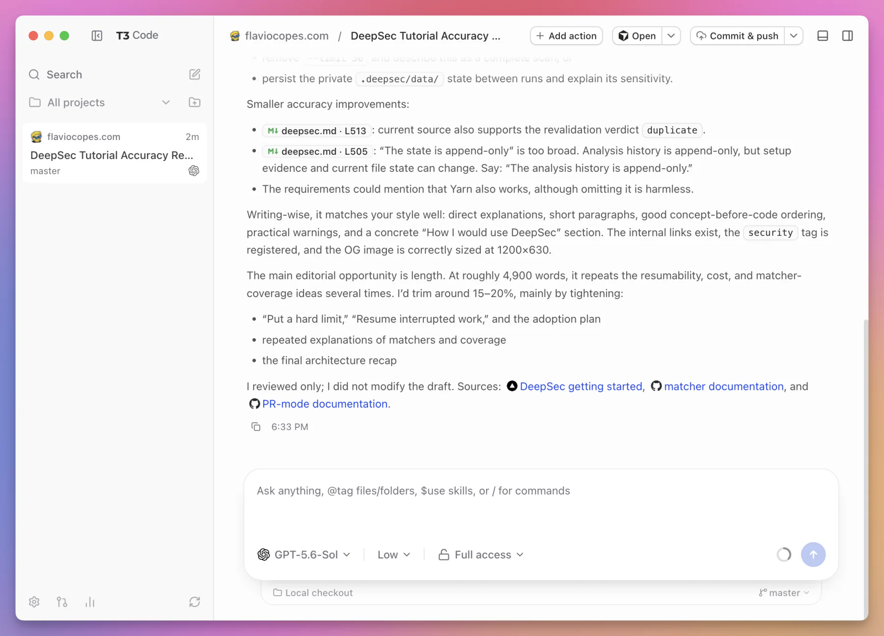 A completed T3 Code review with findings, file references, sources, and the follow-up composer