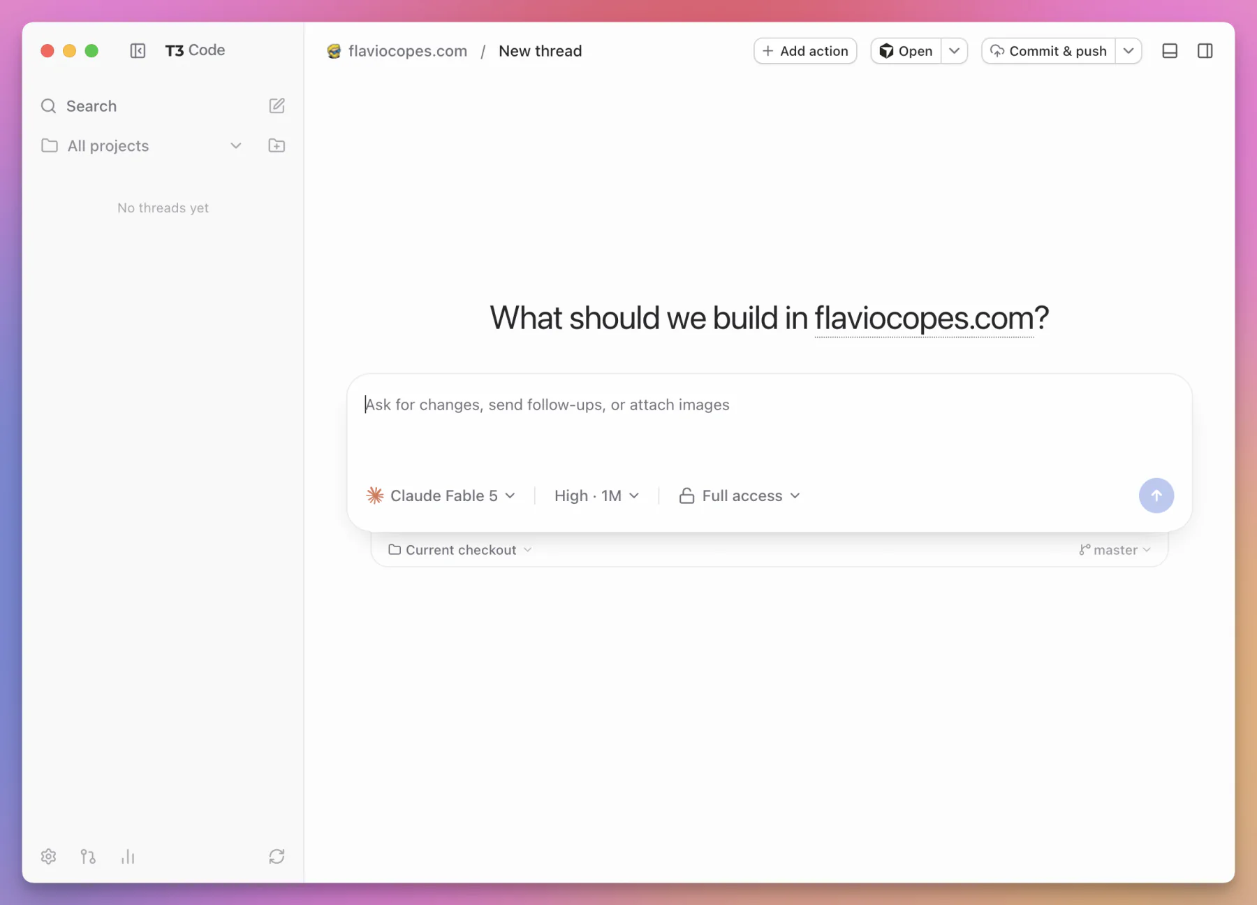 A new T3 Code thread for flaviocopes.com with model, reasoning, permission, checkout, and branch controls