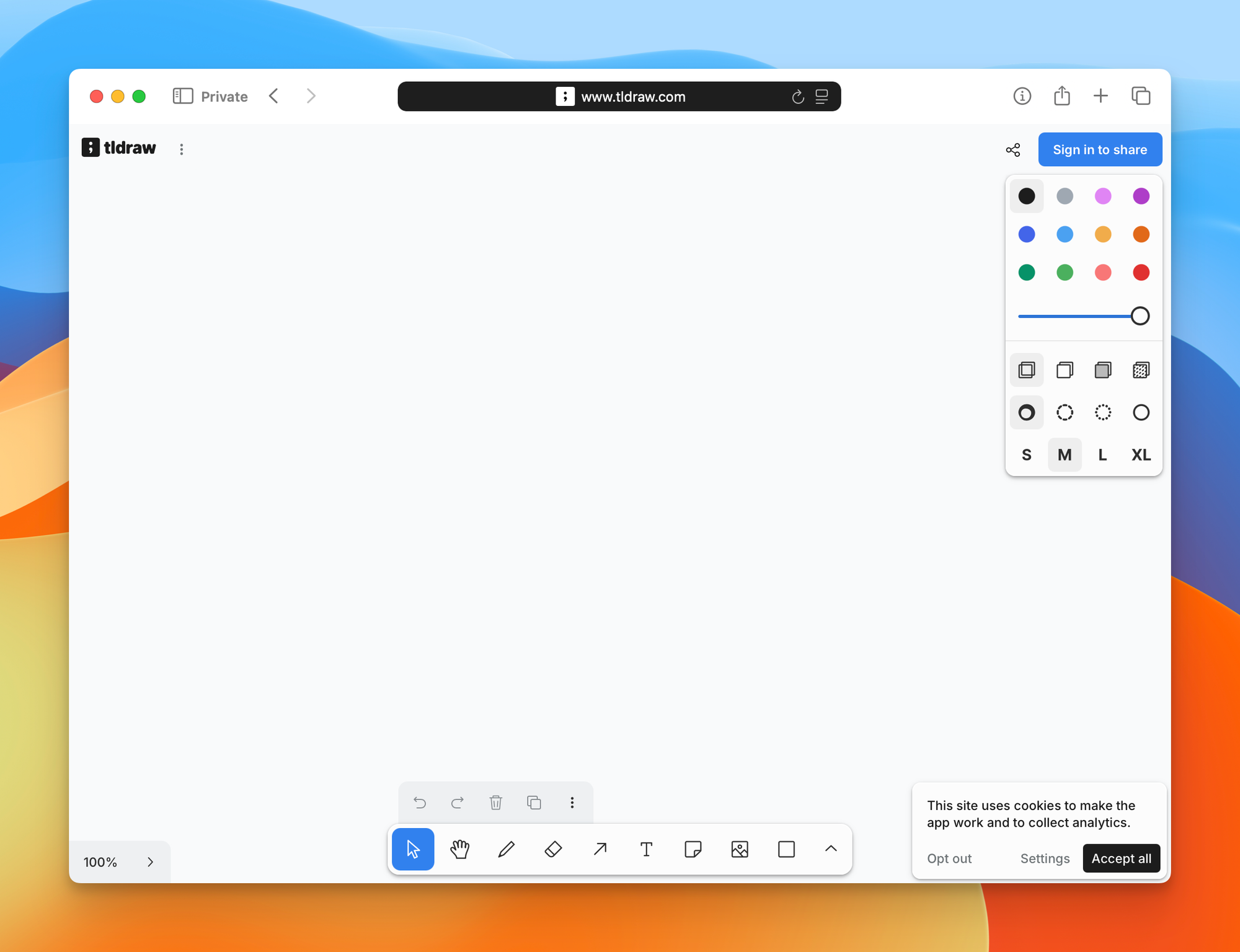 A new private tldraw canvas open in Safari