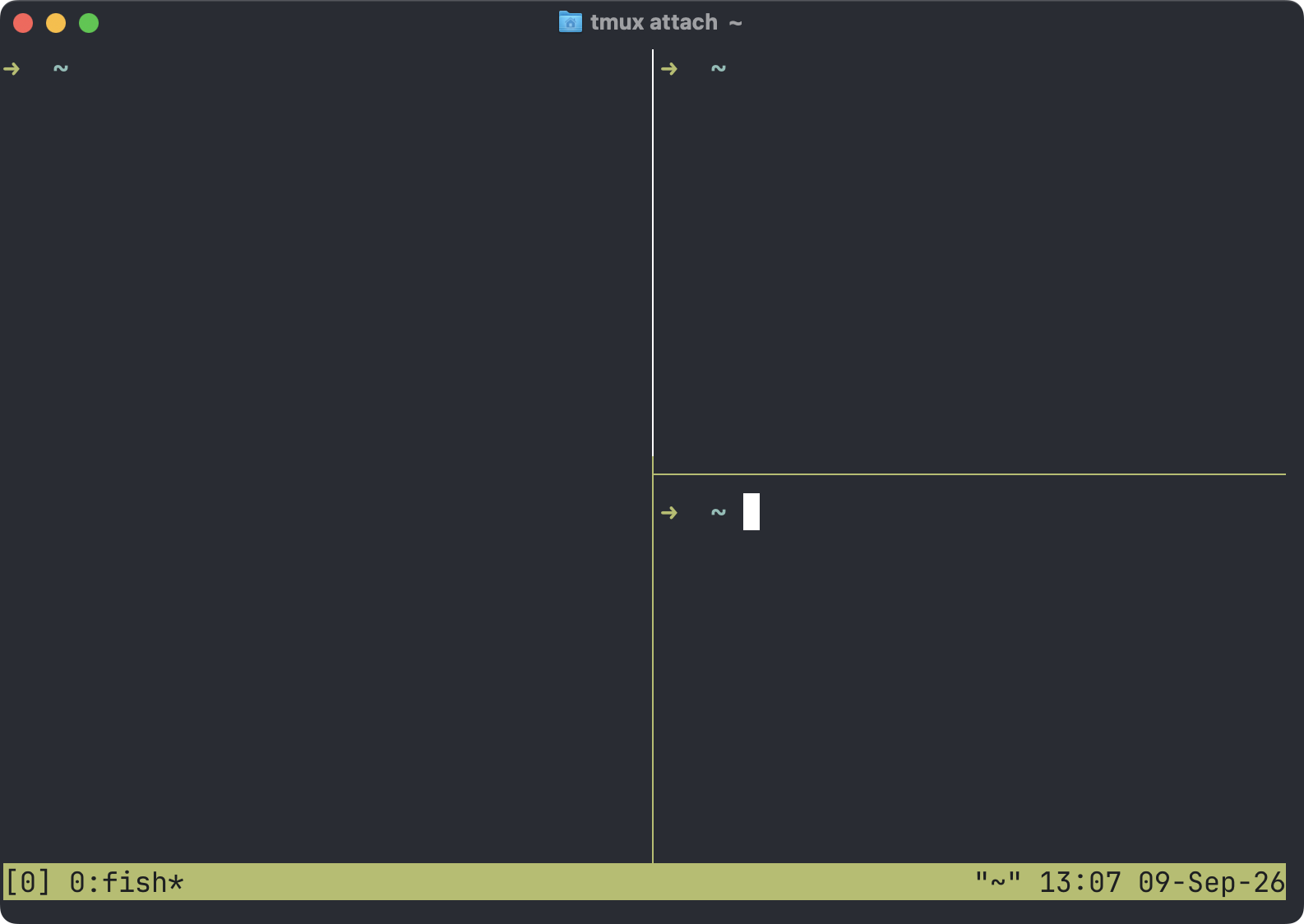 A tmux window with three panes