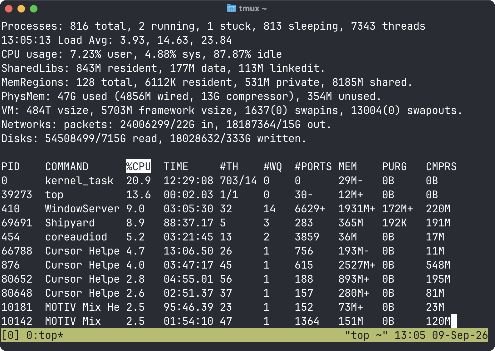 The top process list updating inside tmux