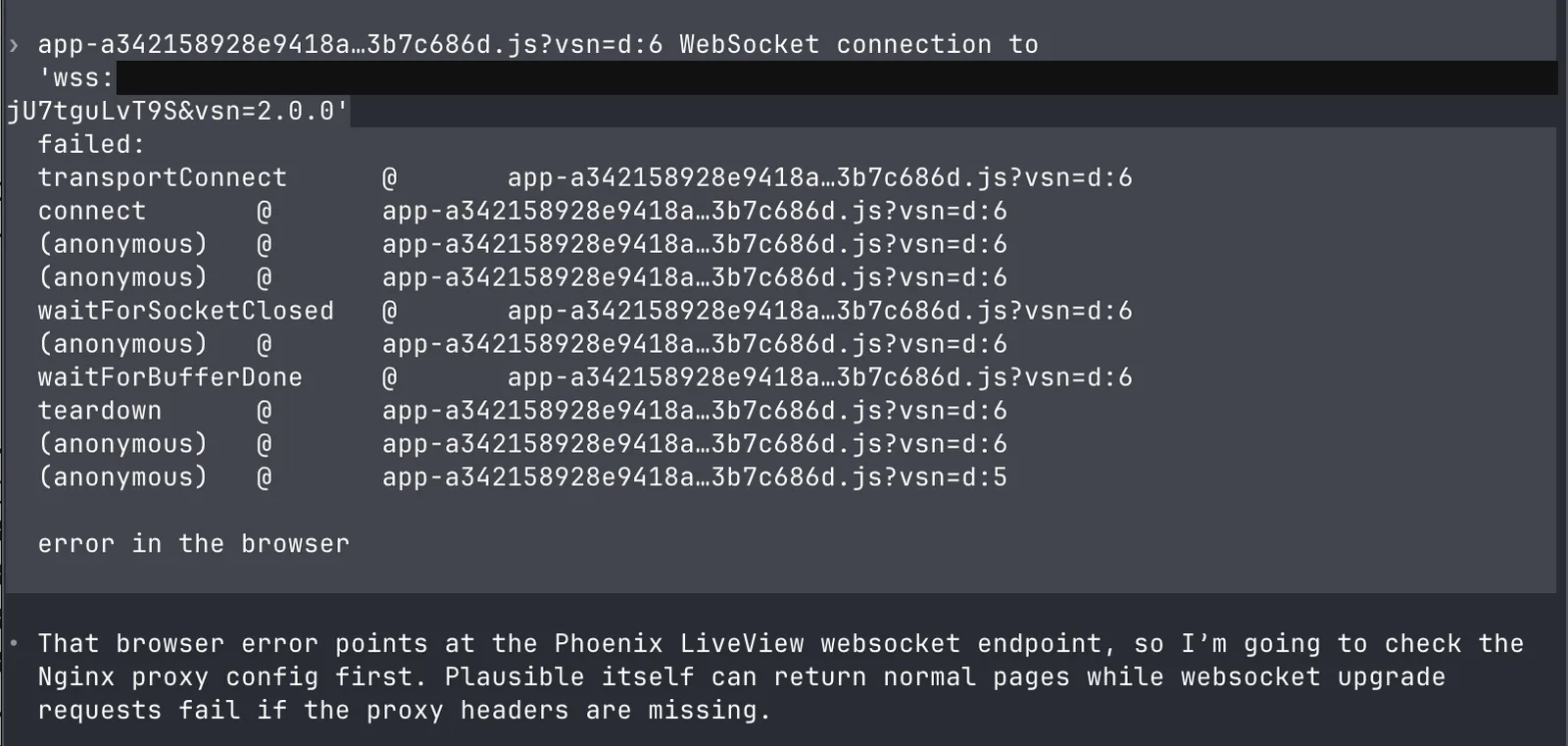 Pasting the websocket error into Codex