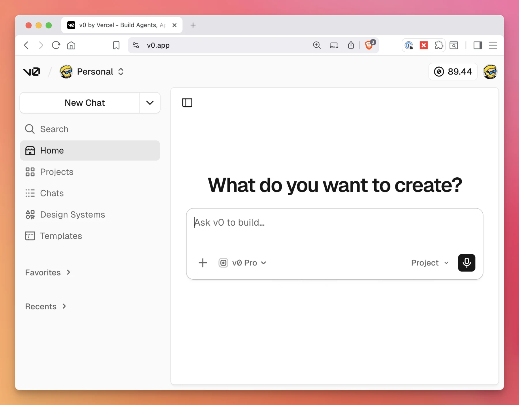 The v0 home screen with the prompt box for starting a new project