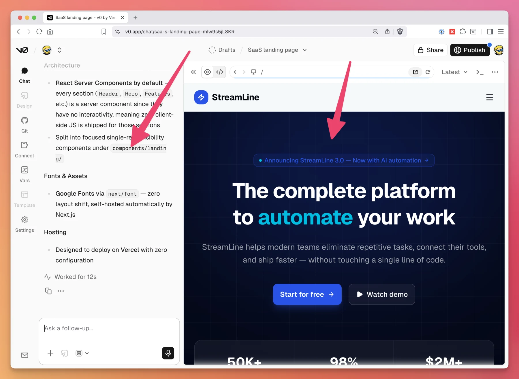 The v0 chat beside the live preview of the generated application
