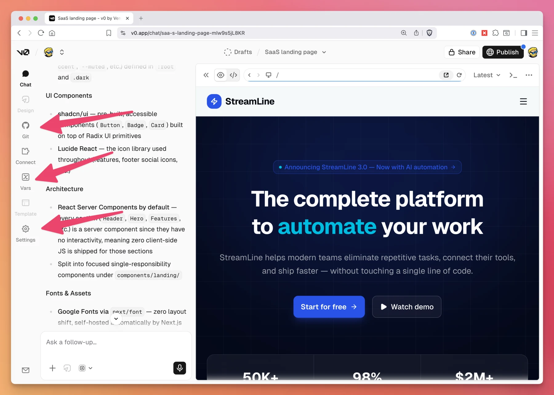 The Git, environment variables, and settings buttons in the v0 project toolbar