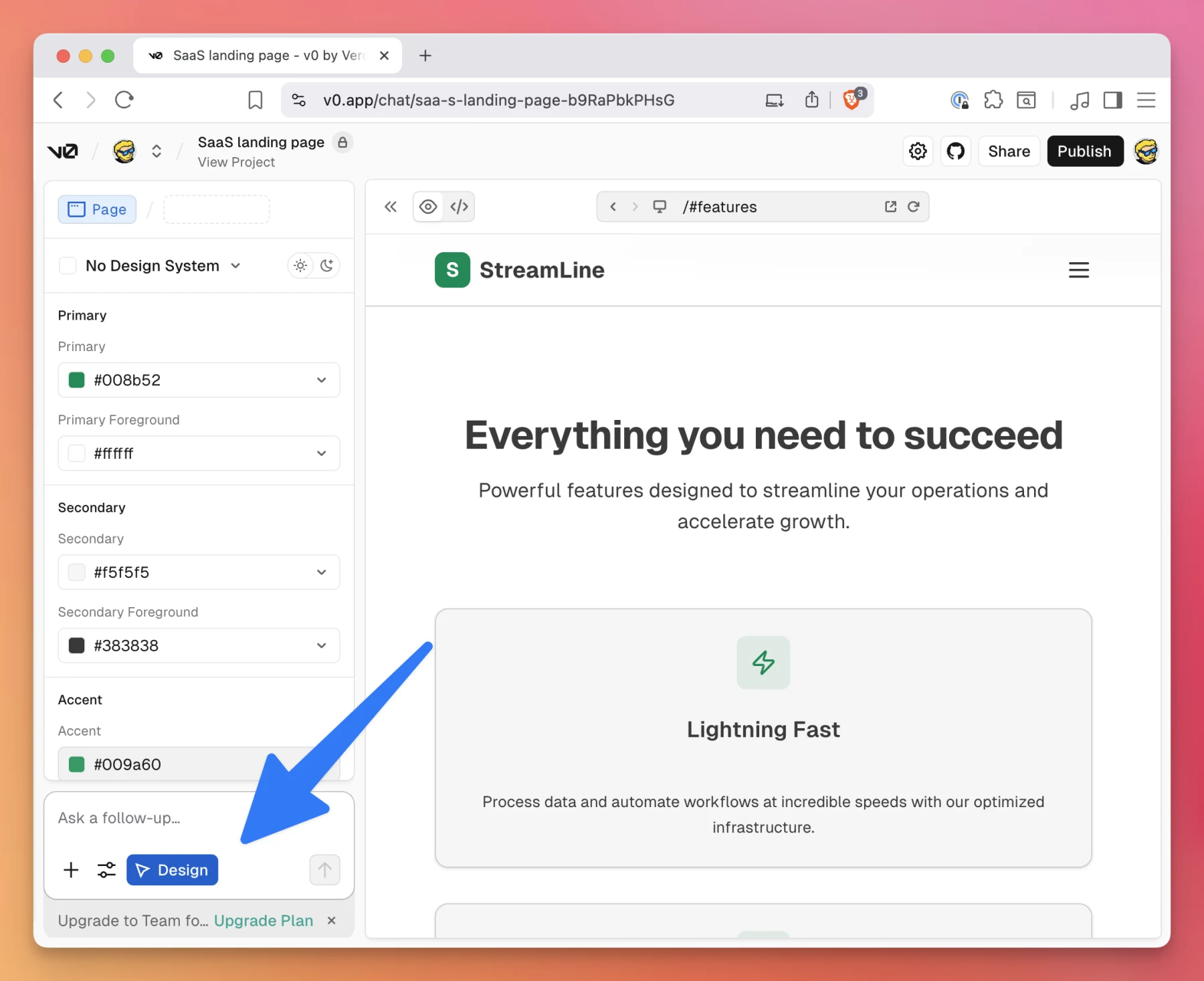 Design mode open in v0 with the design controls beside the application preview
