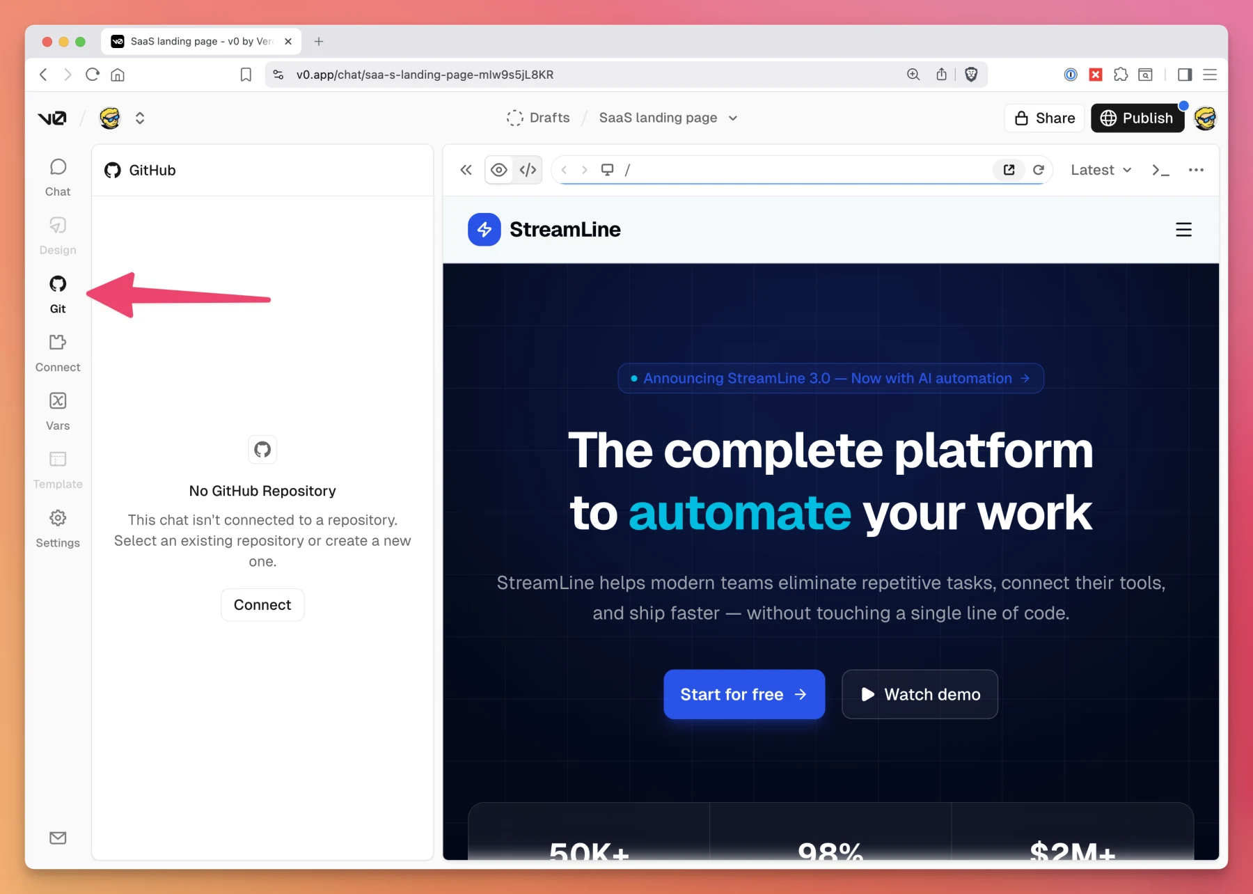 The Git panel in v0 before connecting a GitHub repository