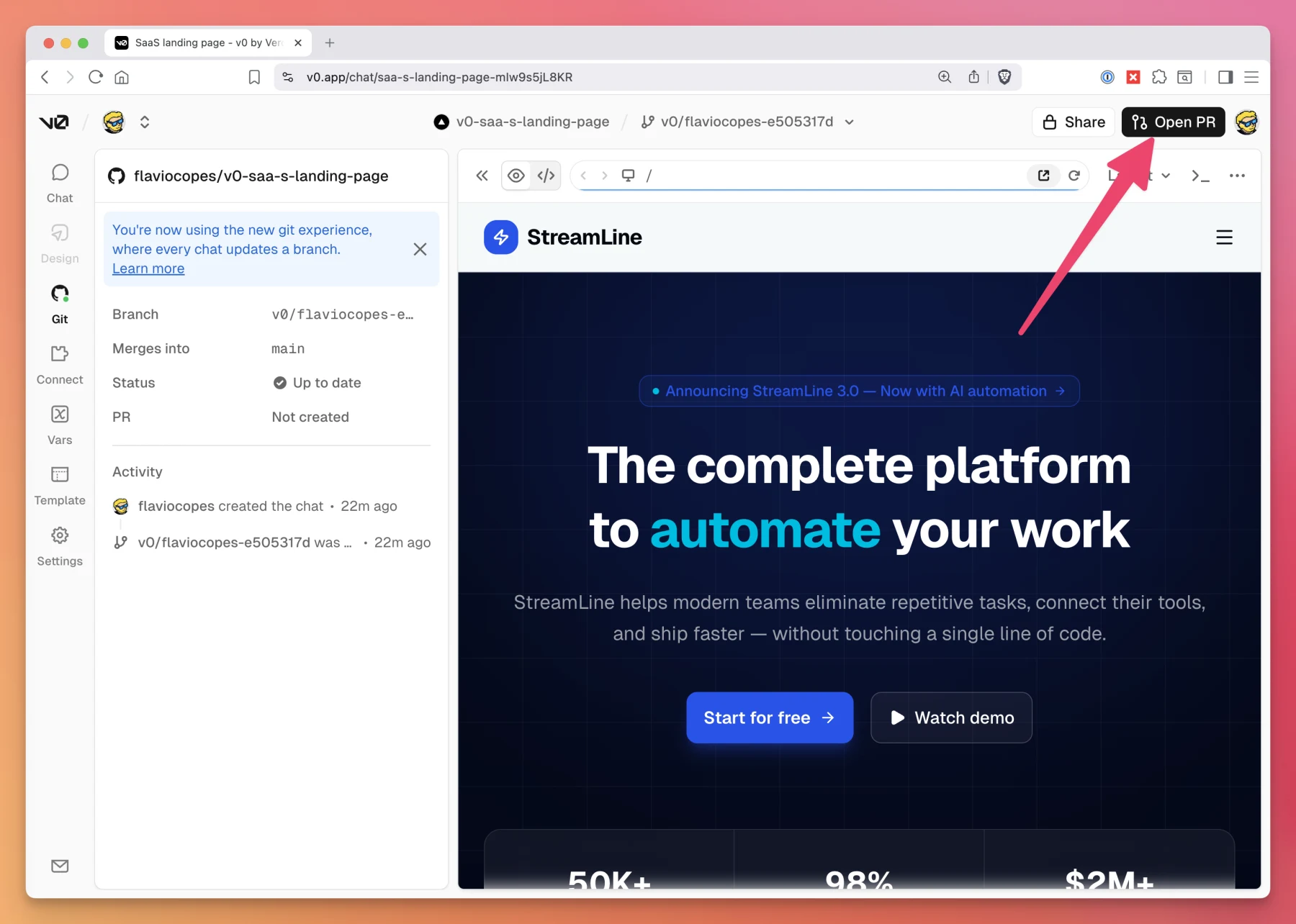 A connected GitHub repository in v0 with the Open PR button