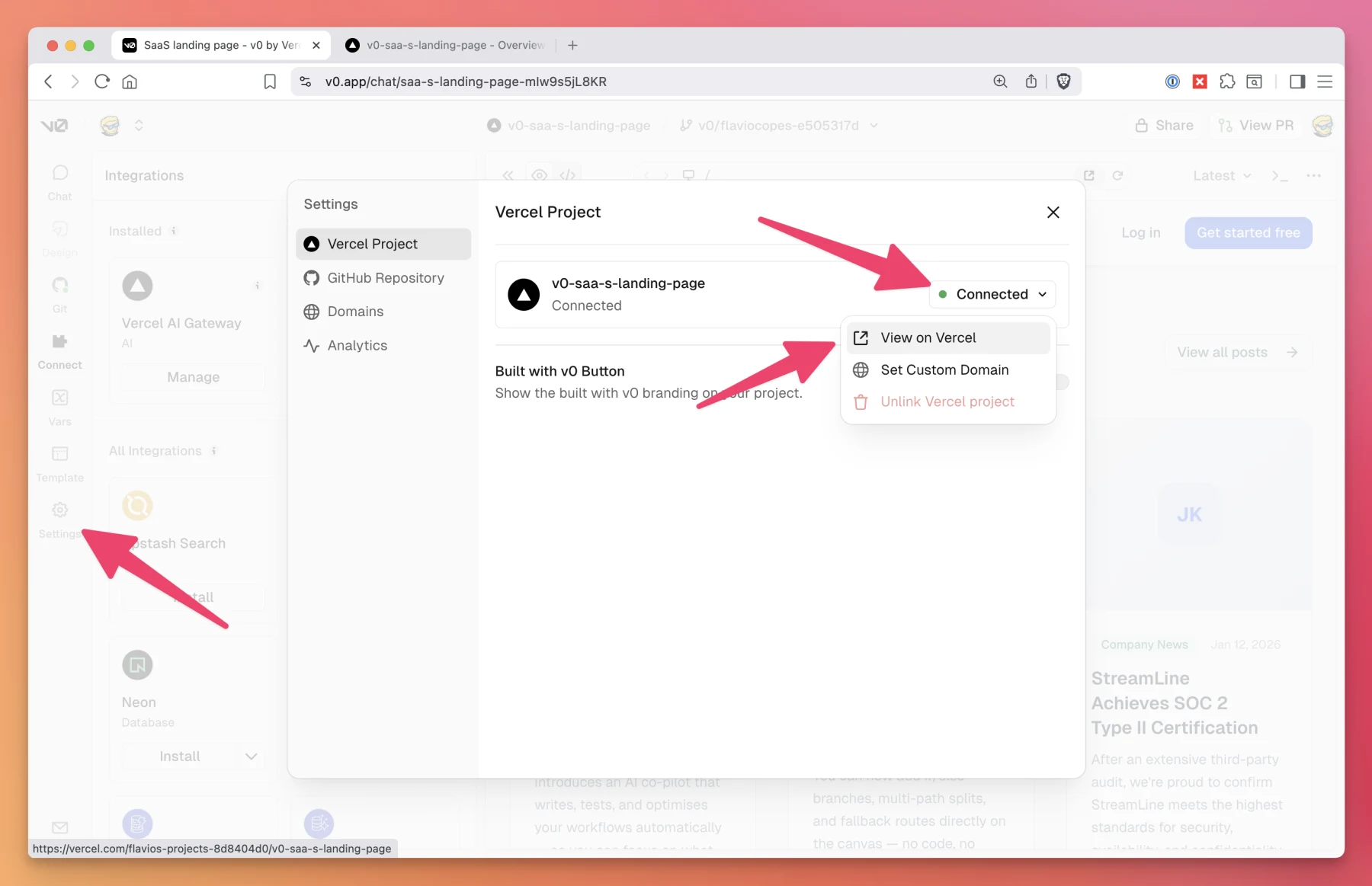 The connected Vercel project settings in v0 with the View on Vercel option