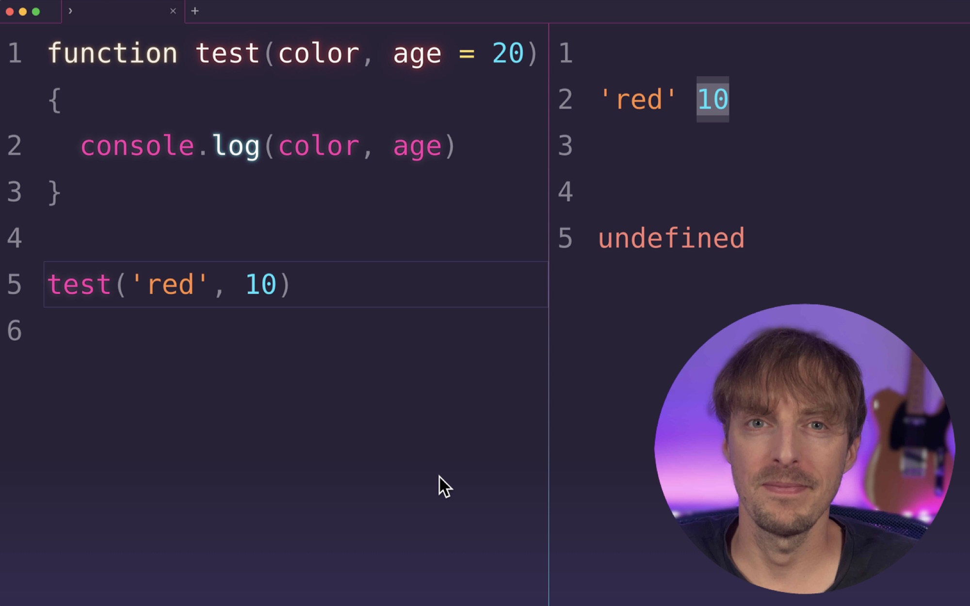 Screencast showing JavaScript code editor with small circular video overlay of presenter in corner