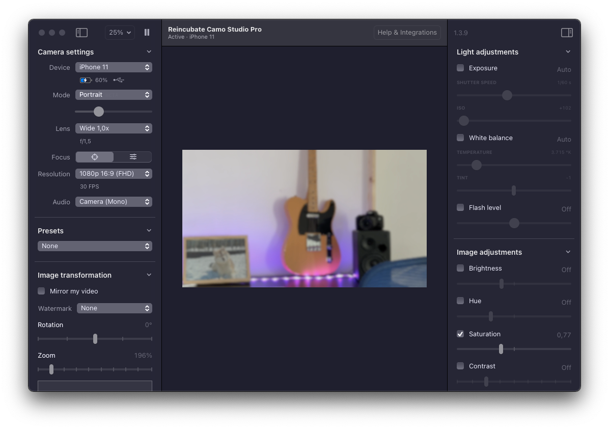 Camo Studio Pro interface showing iPhone 11 camera settings and video preview with guitar in background