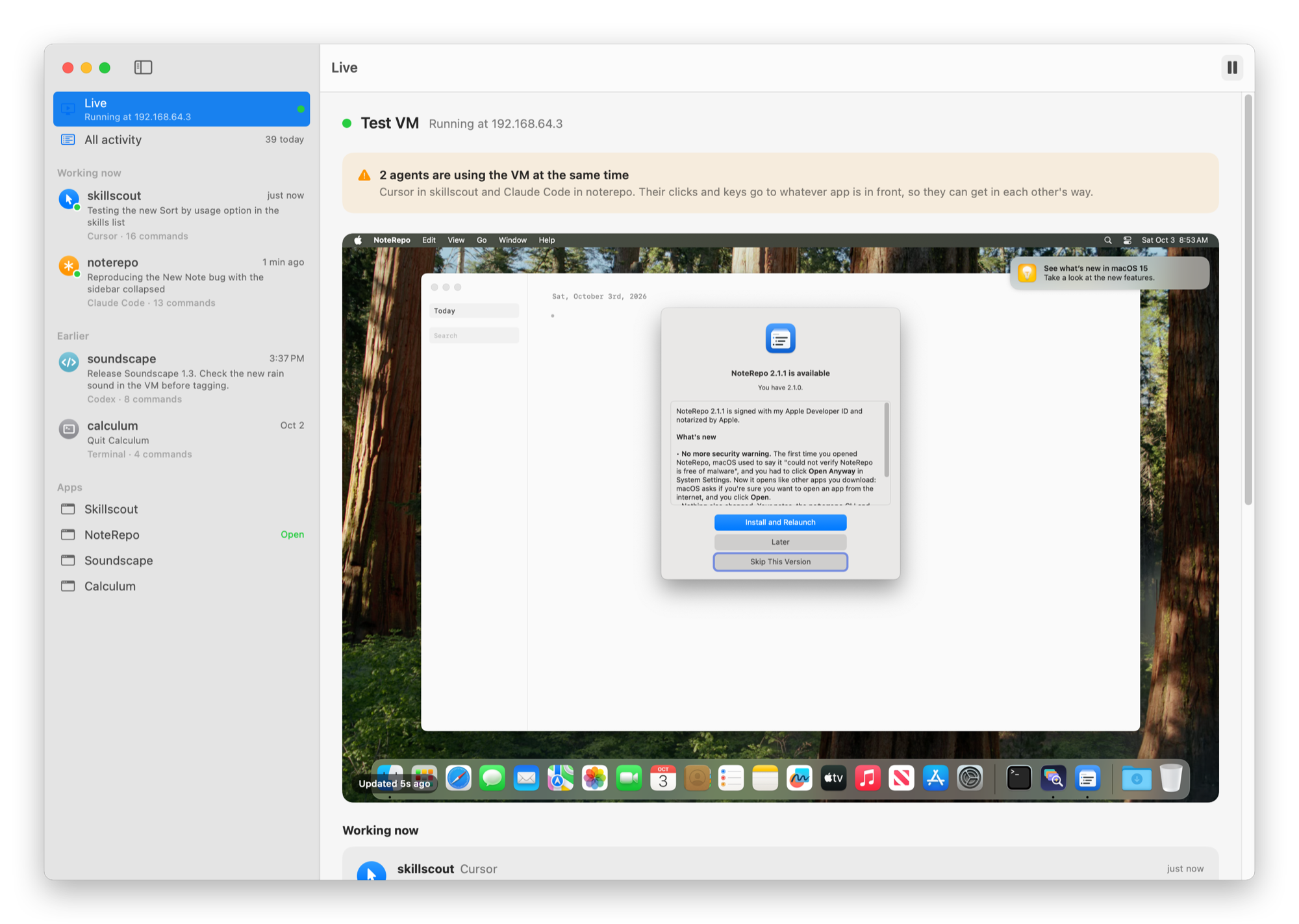 The VM Monitor Live view, with the VM's screen and two agents using it at the same time
