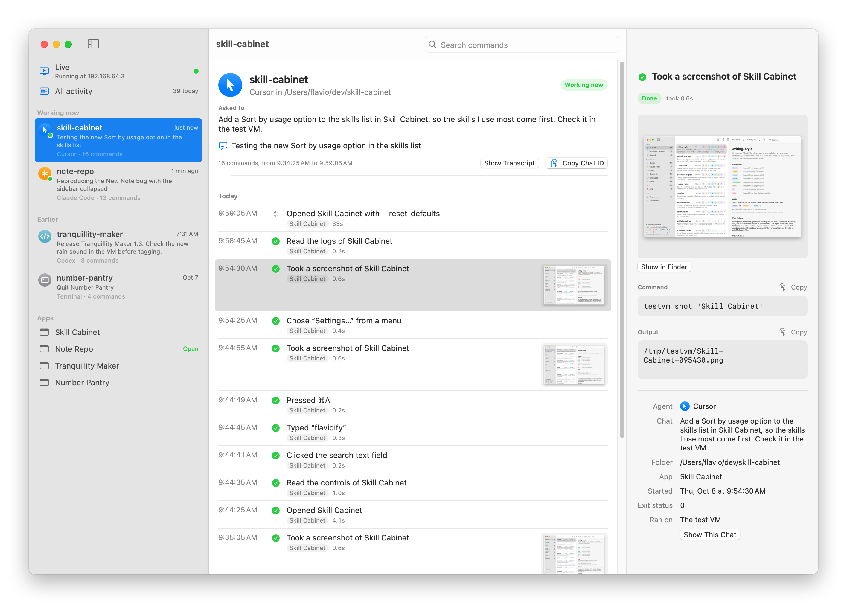 A Cursor chat's timeline in VM Peek, with one of its screenshots open in the inspector